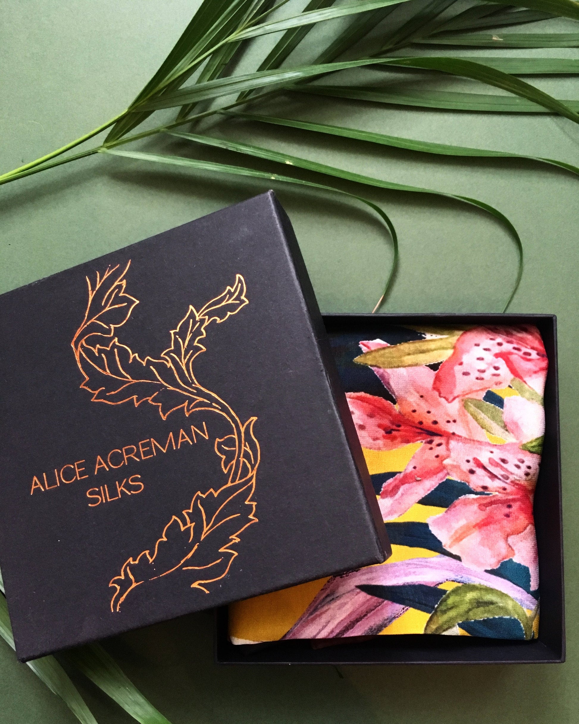 Yellow Tropical Silk Scarf with Floral Skull Design