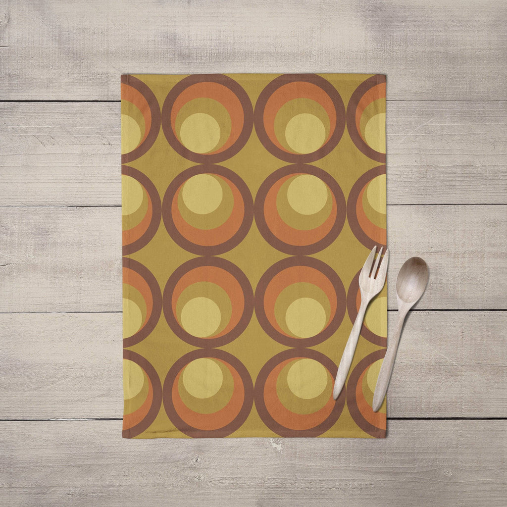 Mustard Yellow Tea Towel with Orange and Brown Retro Design, Dish Towels, Kitchen Towels