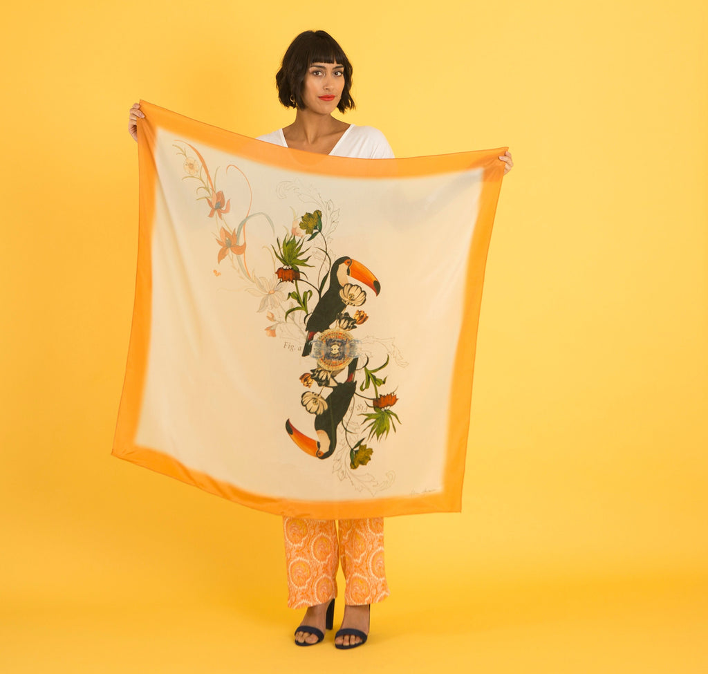 Square Silk Scarf with Orange Border Toucan