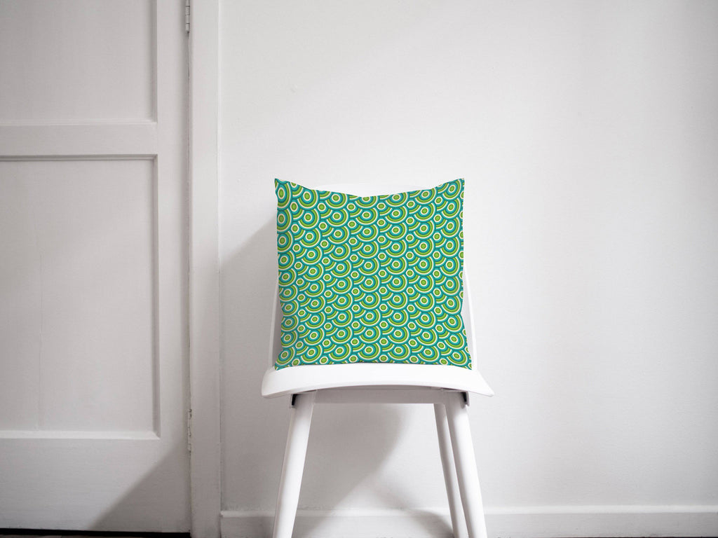 Green Cushion with a Green and Blue Circles 70's Retro Design, Throw Pillow