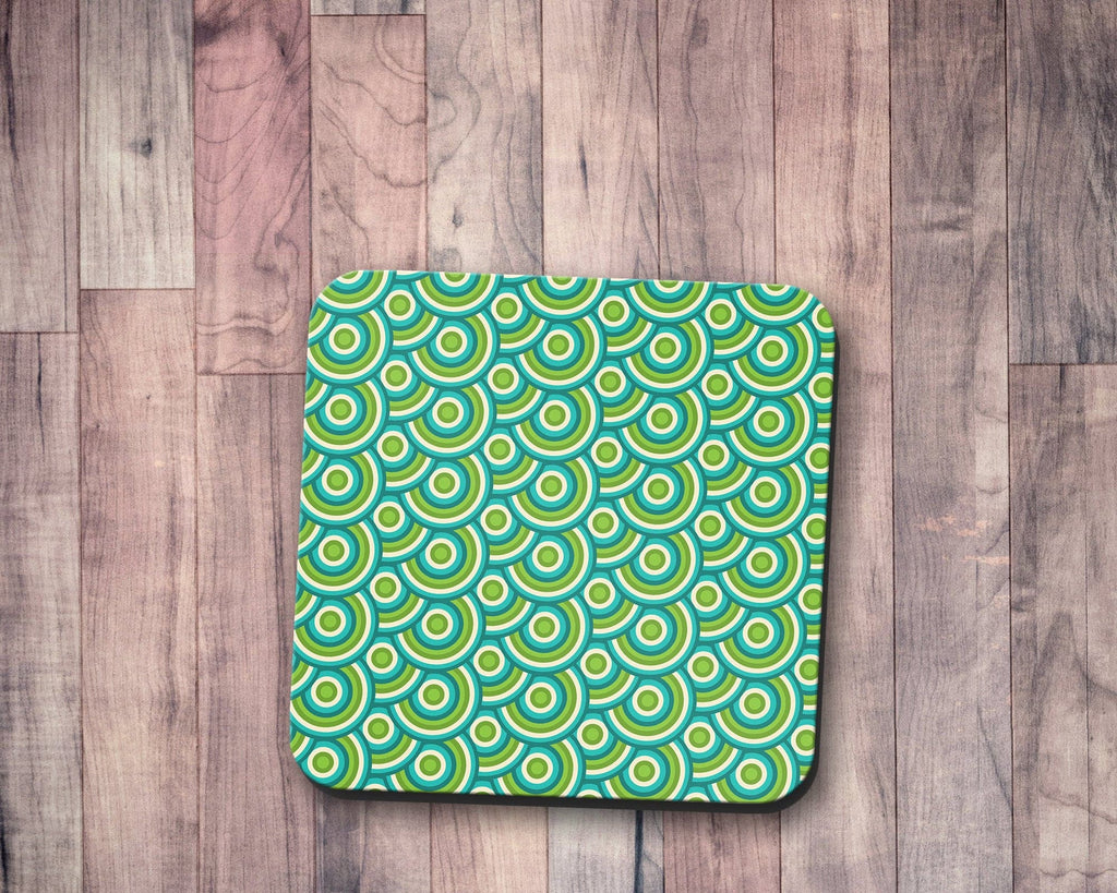 Green Retro 70's Design Geometric Circle Design Coasters, Table Decor Drinks Mat