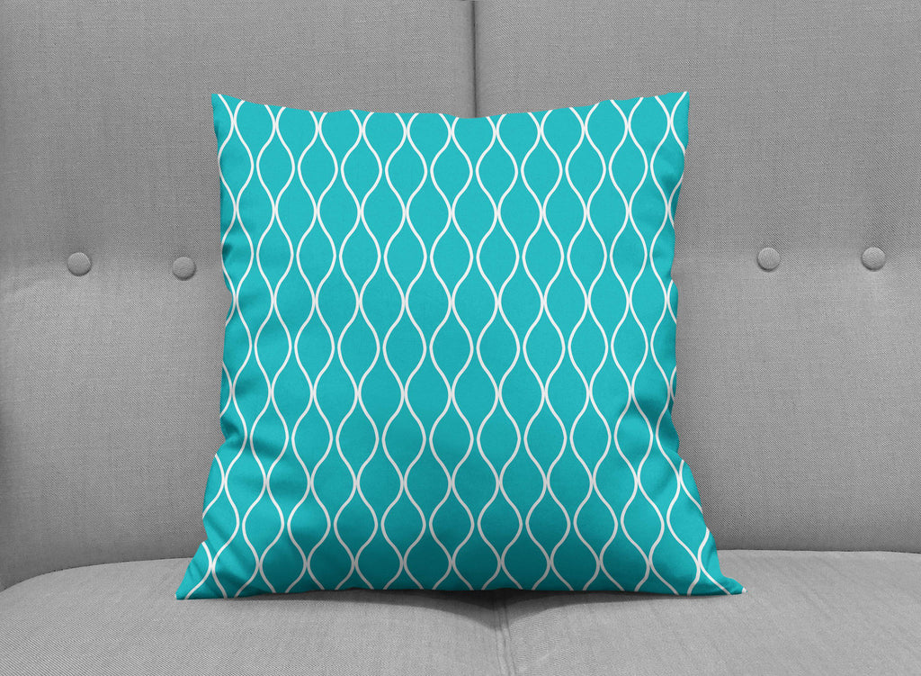 Turquoise Cushion with a White Geometric Design, Throw Pillow