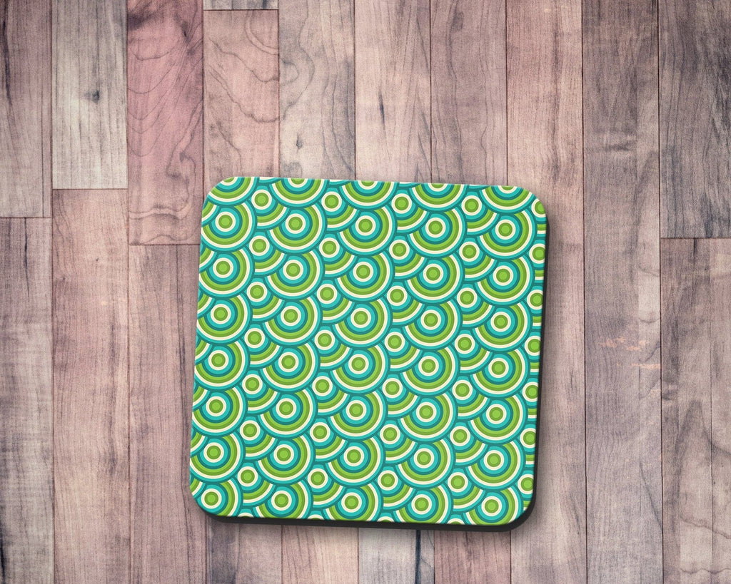Green Retro 70's Design Geometric Circle Design Coasters, Table Decor Drinks Mat