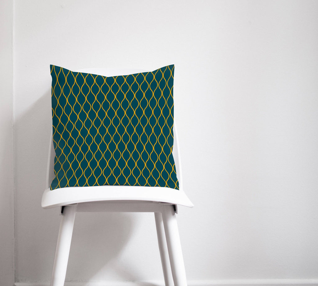 Teal Cushion with a Yellow Geometric Design, Throw Pillow