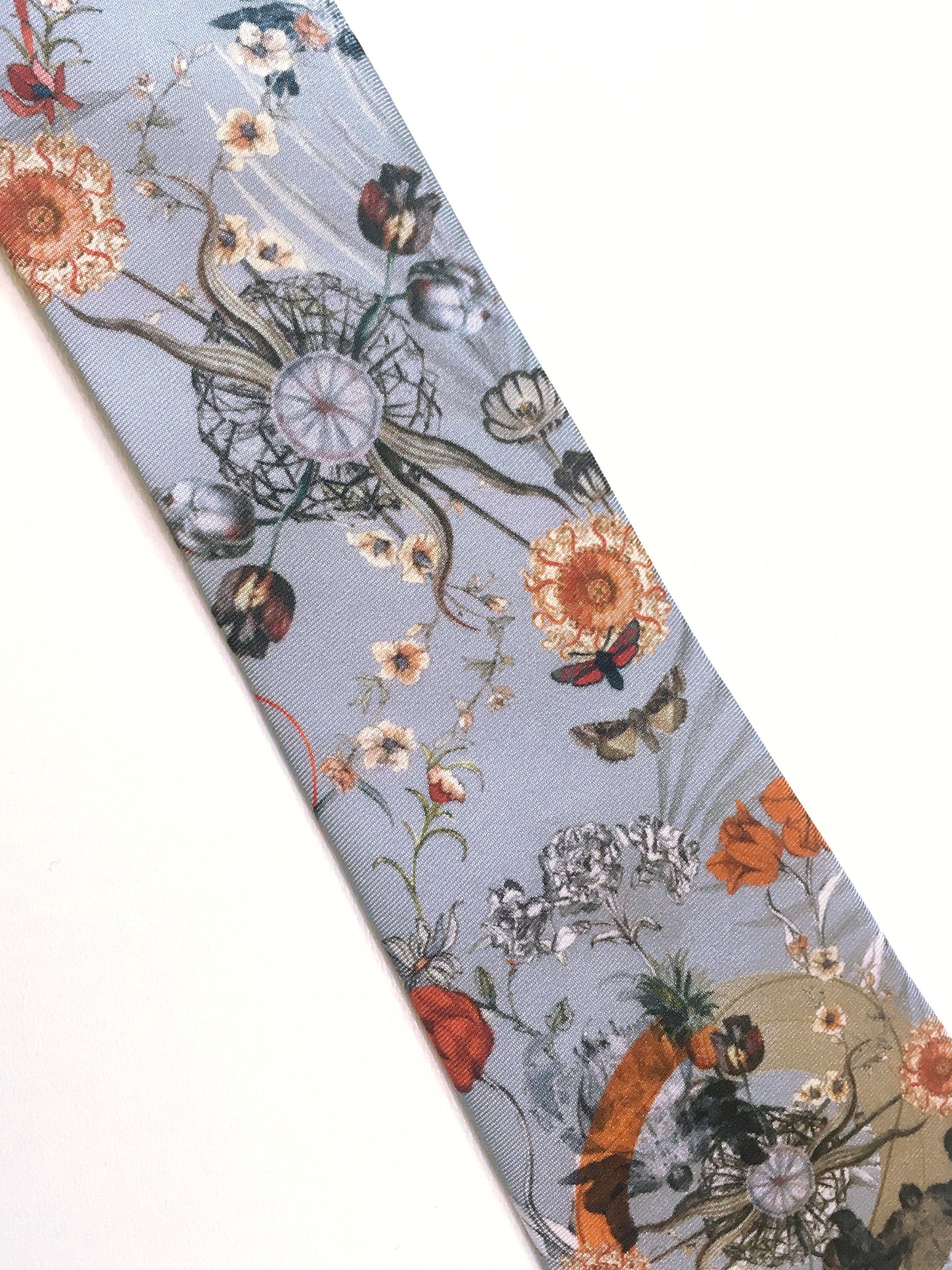 Pale Blue Silk Tie with Hand Illustrated Floral and Botanical Print