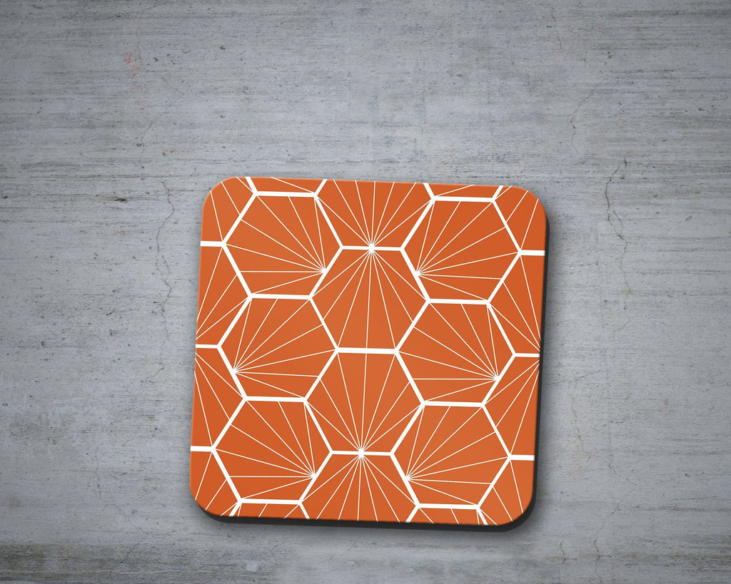 Orange Coasters with a White Hexagon Design, Table Decor Drinks Mat