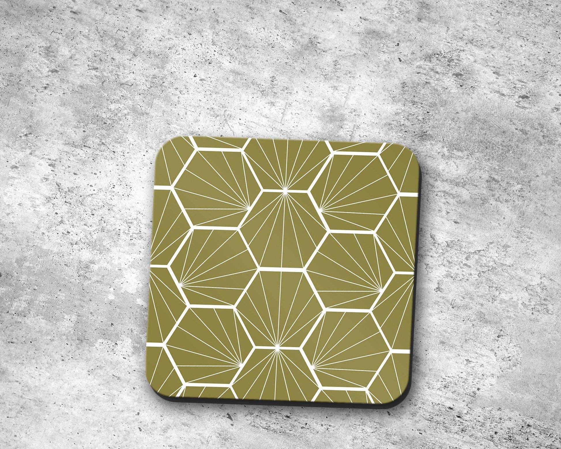 Olive Green Coasters with a White Hexagon Design, Table Decor Drinks Mat