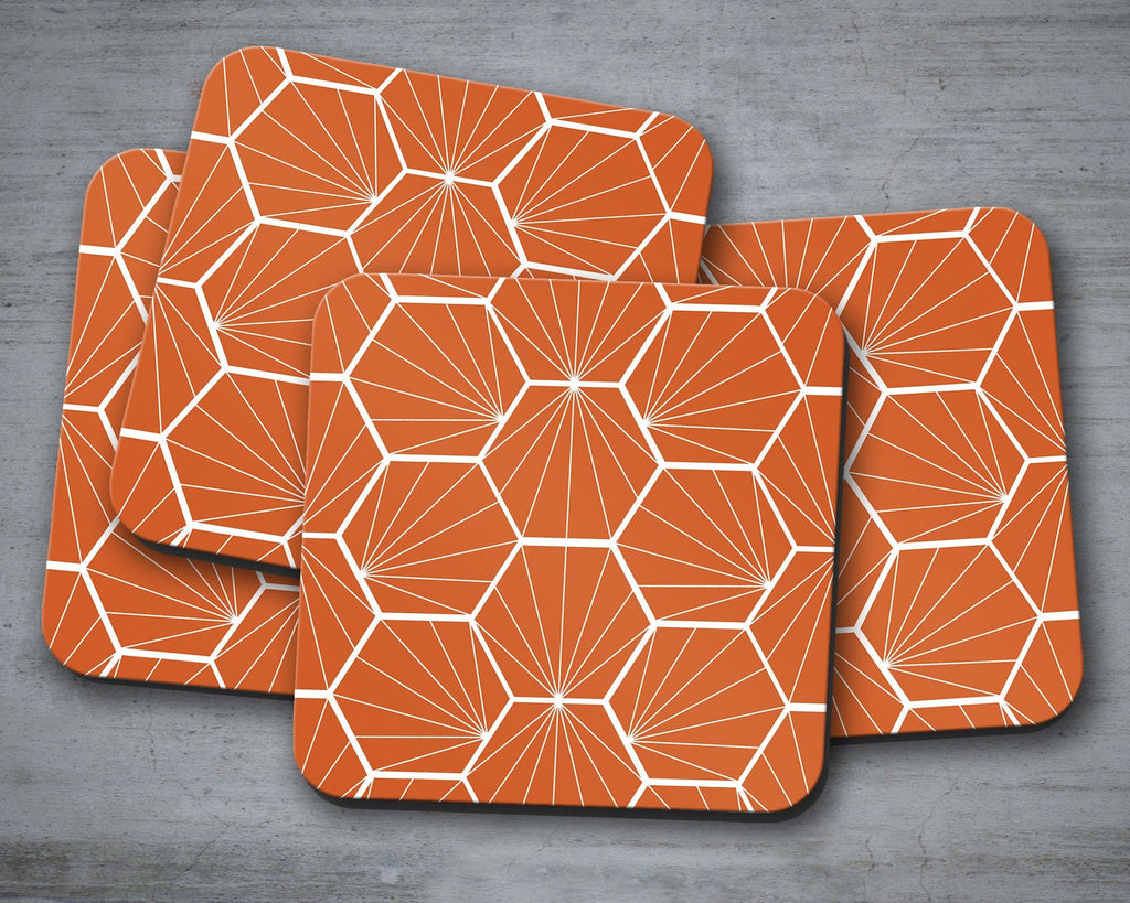 Orange Coasters with a White Hexagon Design, Table Decor Drinks Mat