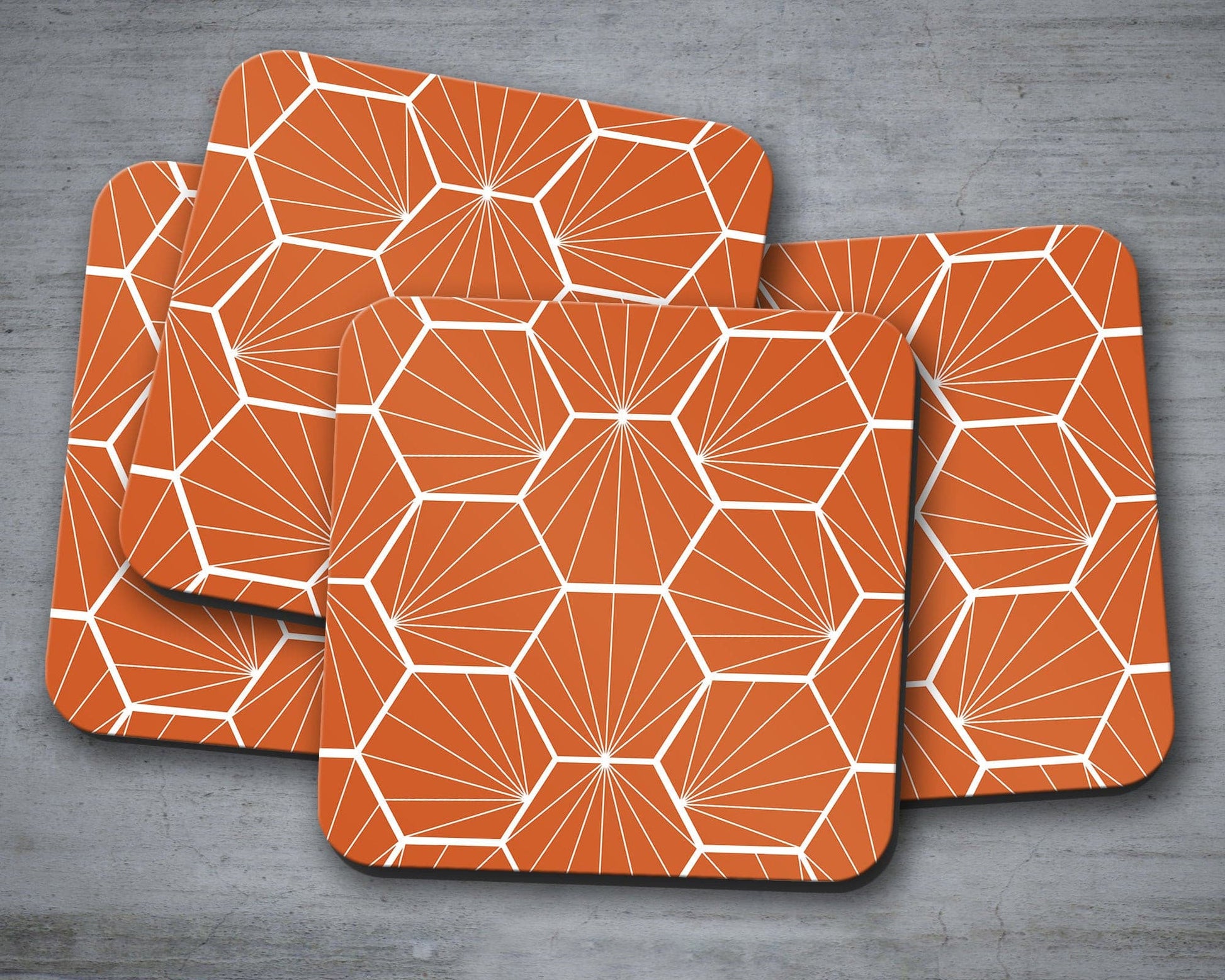 Orange Coasters with a White Hexagon Design, Table Decor Drinks Mat