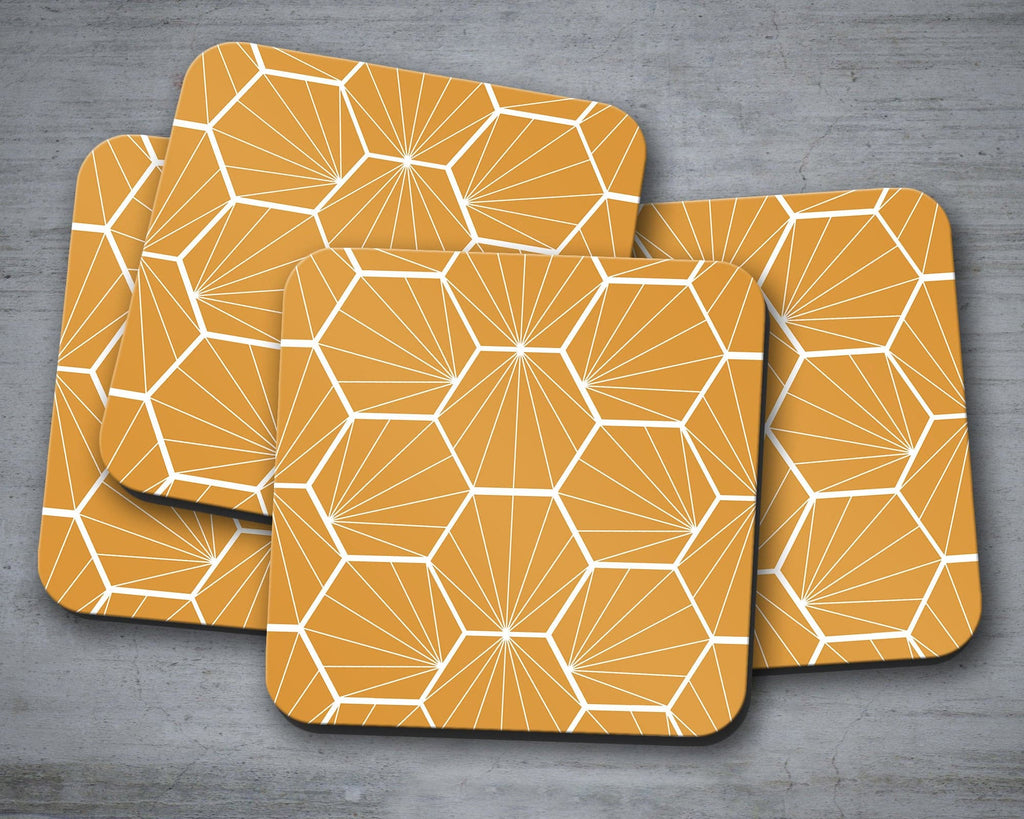 Butterscotch Coasters with a White Hexagon Design, Table Decor Drinks Mat