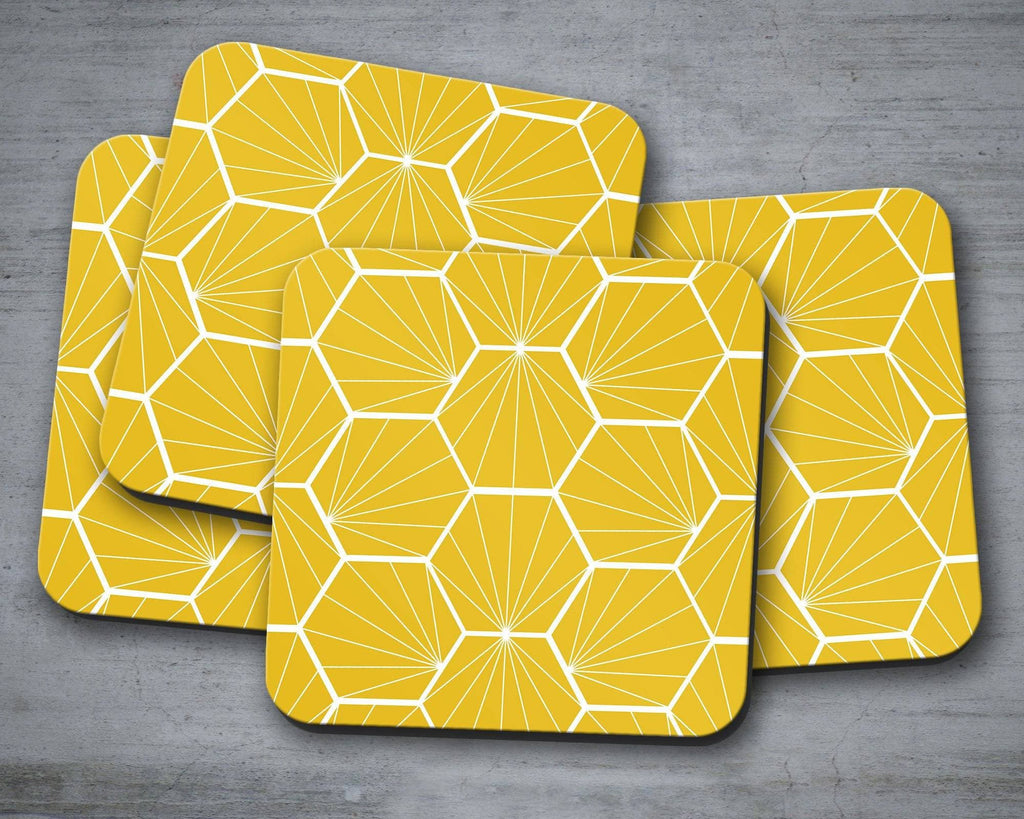 Yellow Coasters with a White Hexagon Design, Table Decor Drinks Mat