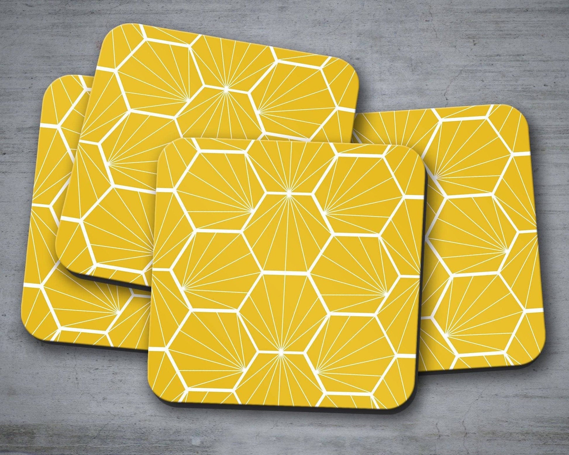 Yellow Coasters with a White Hexagon Design, Table Decor Drinks Mat