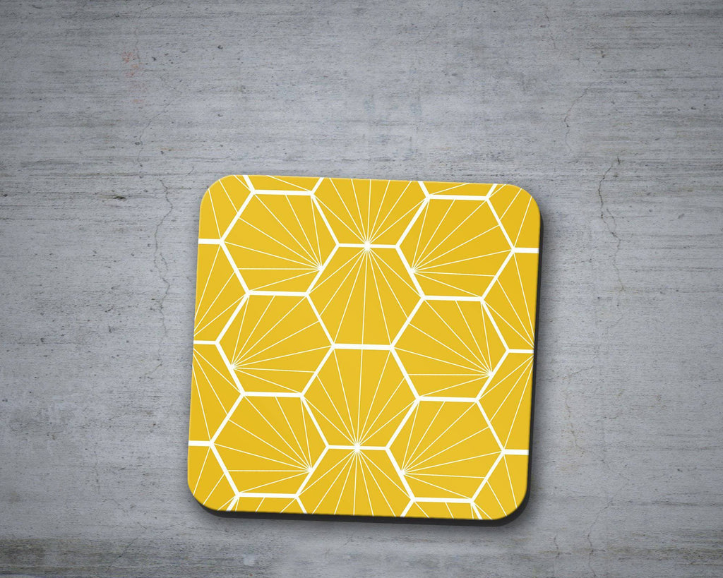 Yellow Coasters with a White Hexagon Design, Table Decor Drinks Mat