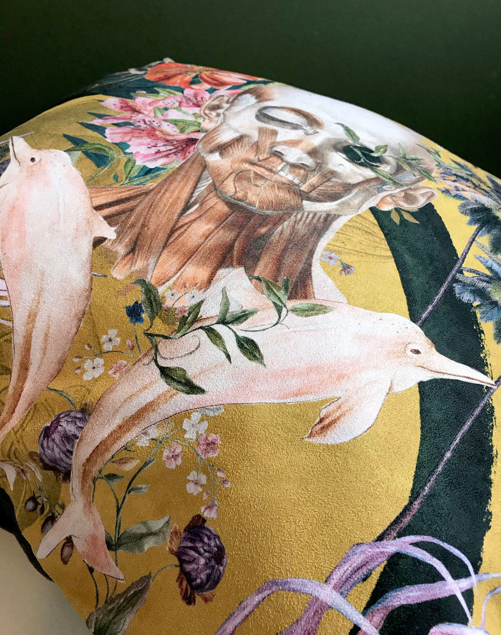 Large Yellow Cushion Watercolour skull design 'Boto Cushion' in Vegan friendly Suede