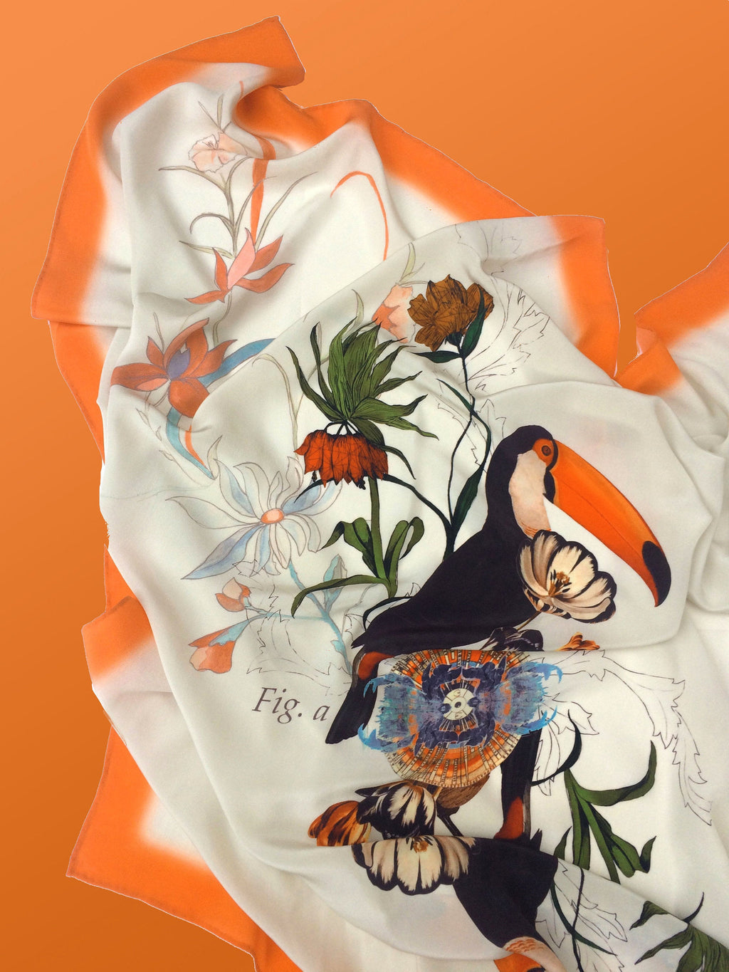 Square Silk Scarf with Orange Border Toucan