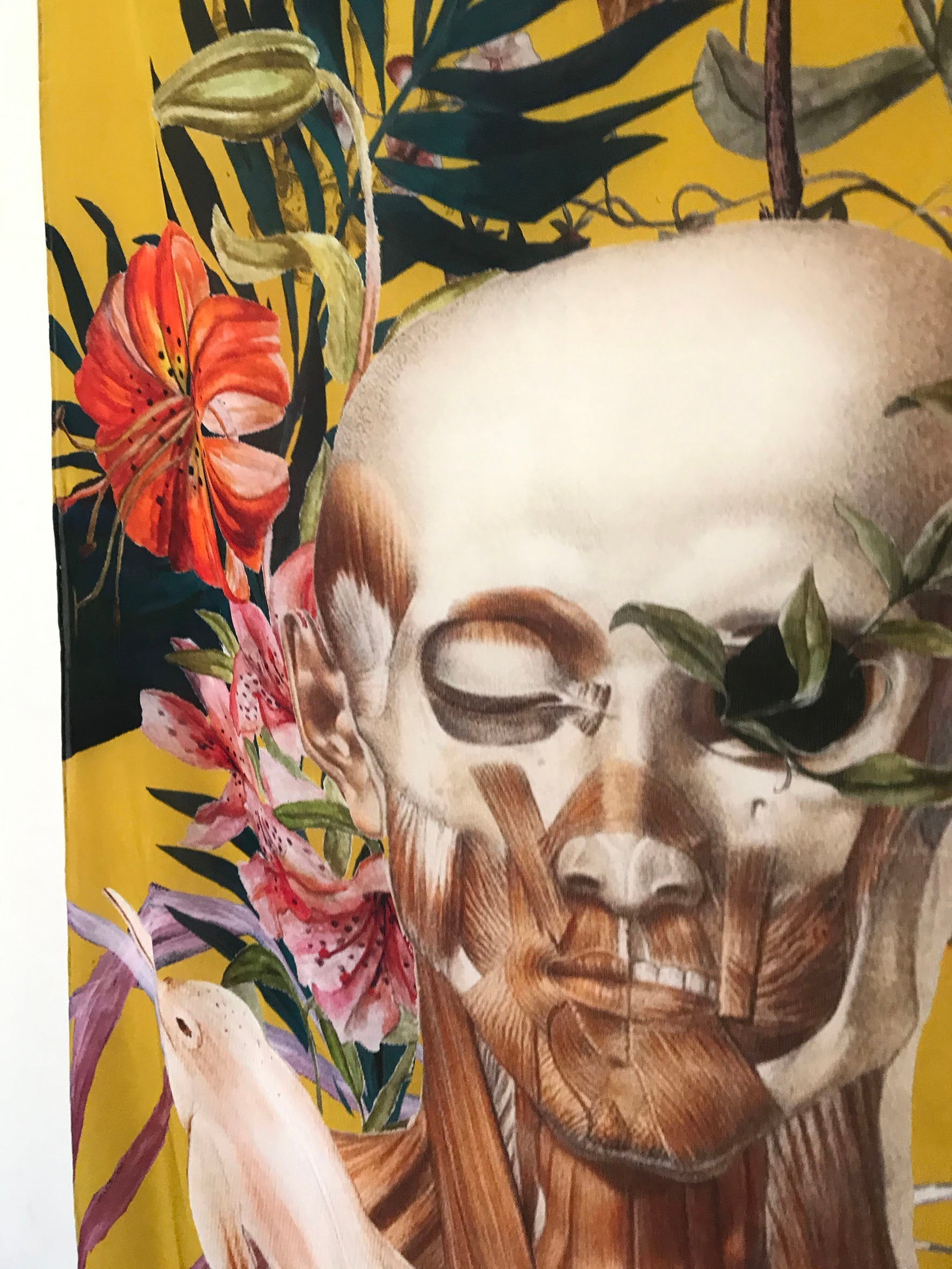 Yellow Tropical Silk Scarf with Floral Skull Design
