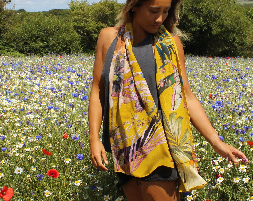 Yellow Tropical Silk Scarf with Floral Skull Design