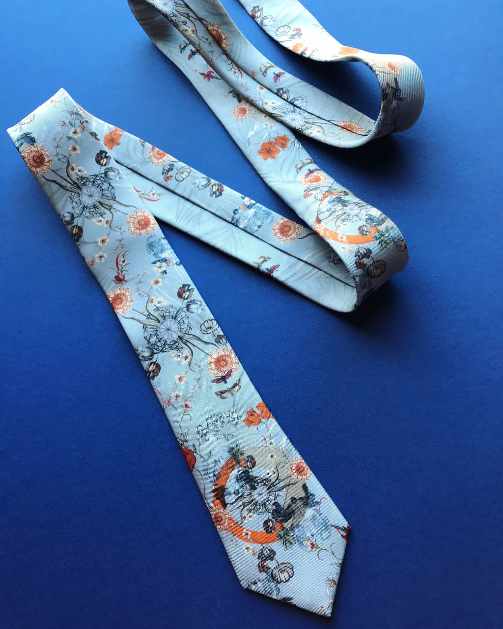 Pale Blue Silk Tie with Hand Illustrated Floral and Botanical Print