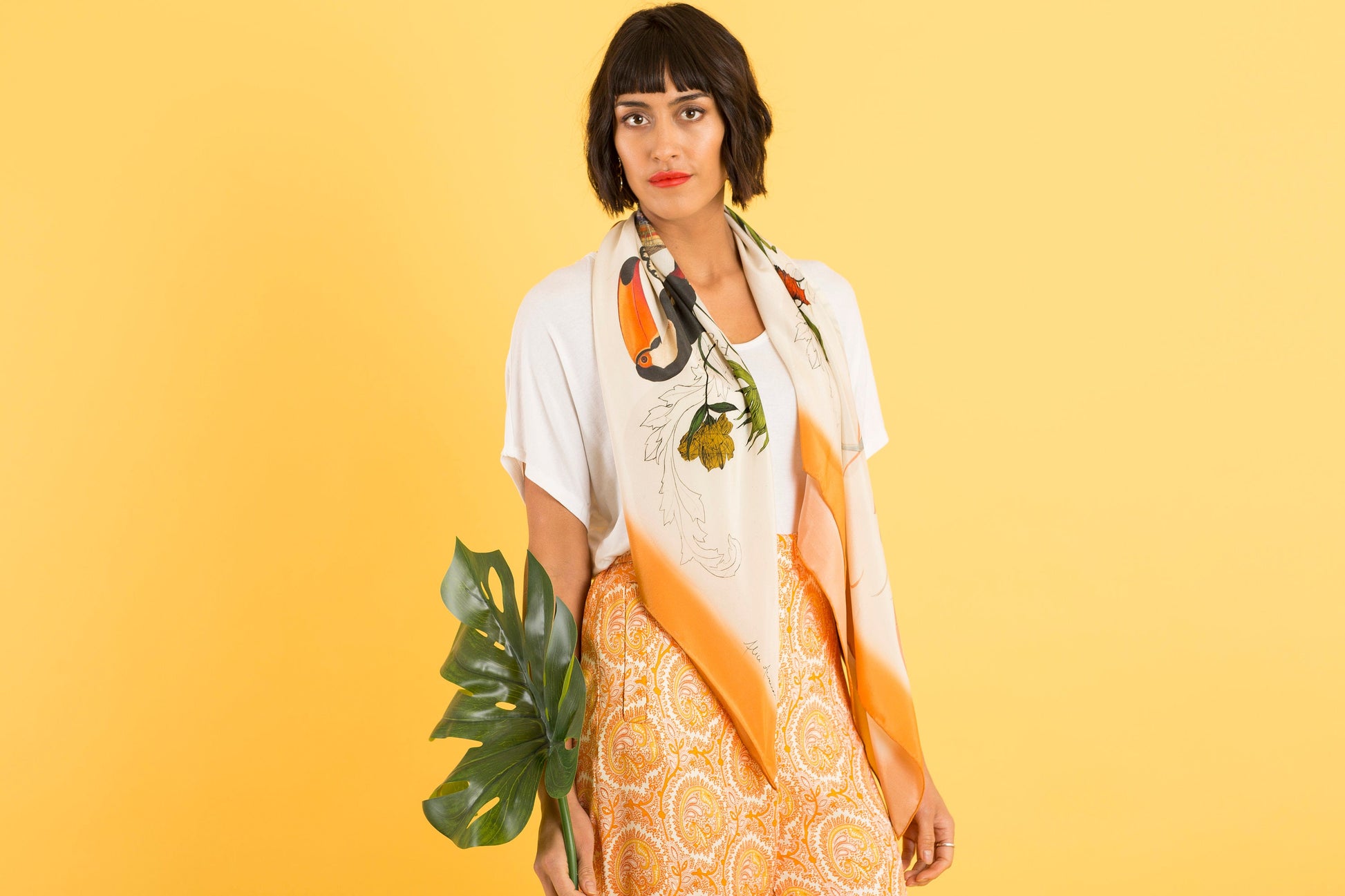 Square Silk Scarf with Orange Border Toucan