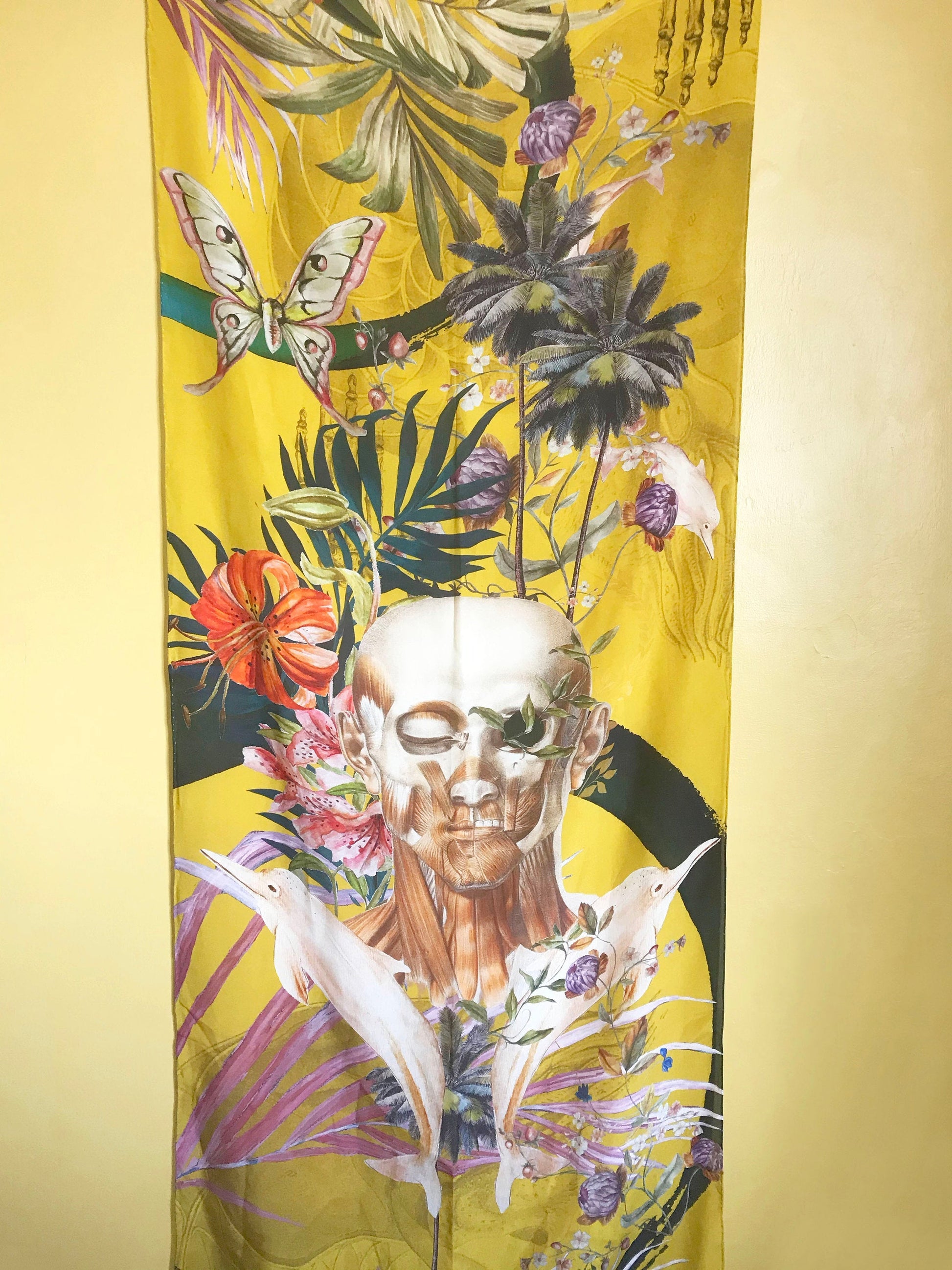 Yellow Tropical Silk Scarf with Floral Skull Design