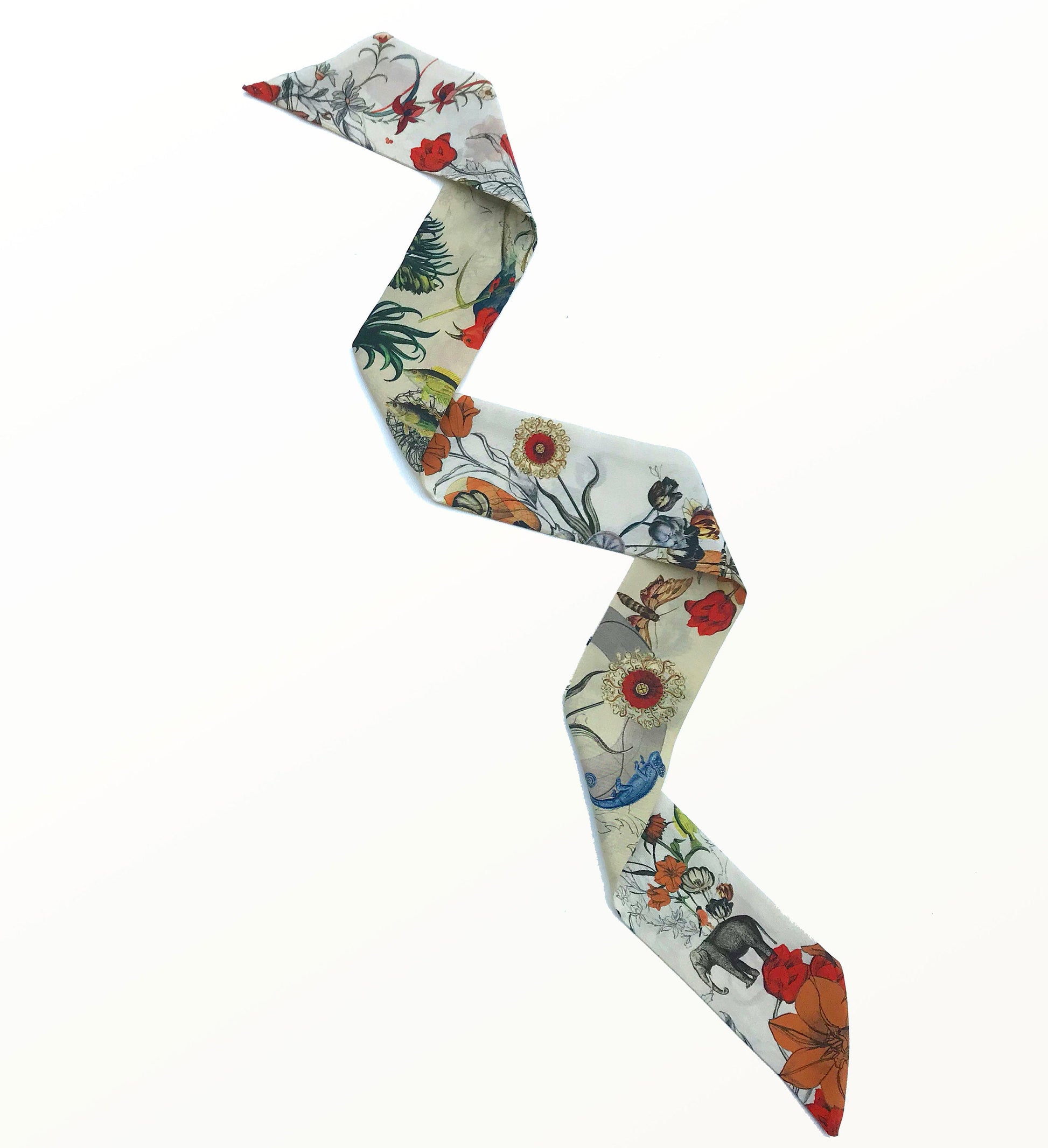 Cream Skinny Silk Scarf in Botanical Evolution Print