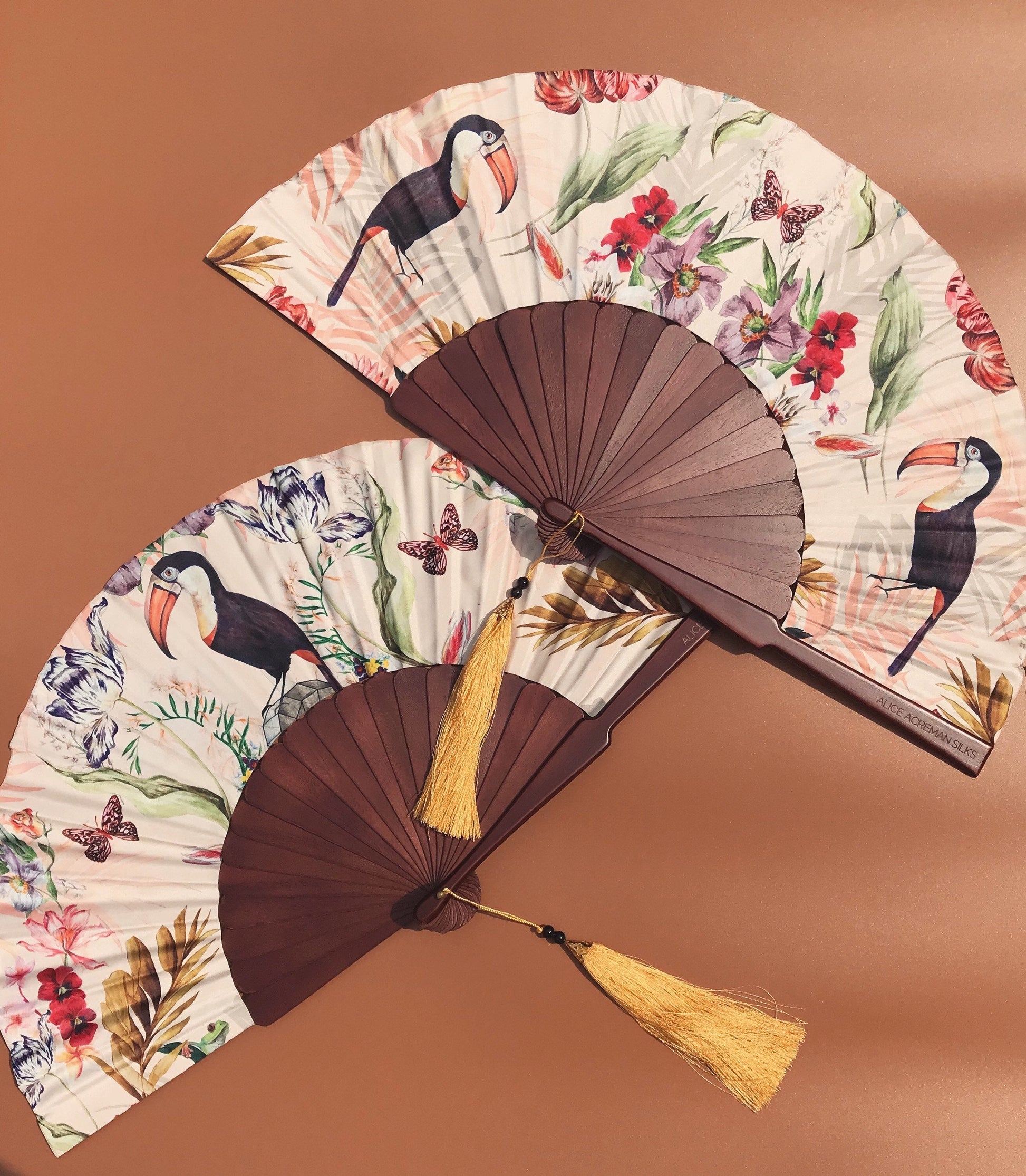Floral Silk Fan with Toucan and Gold Tassel