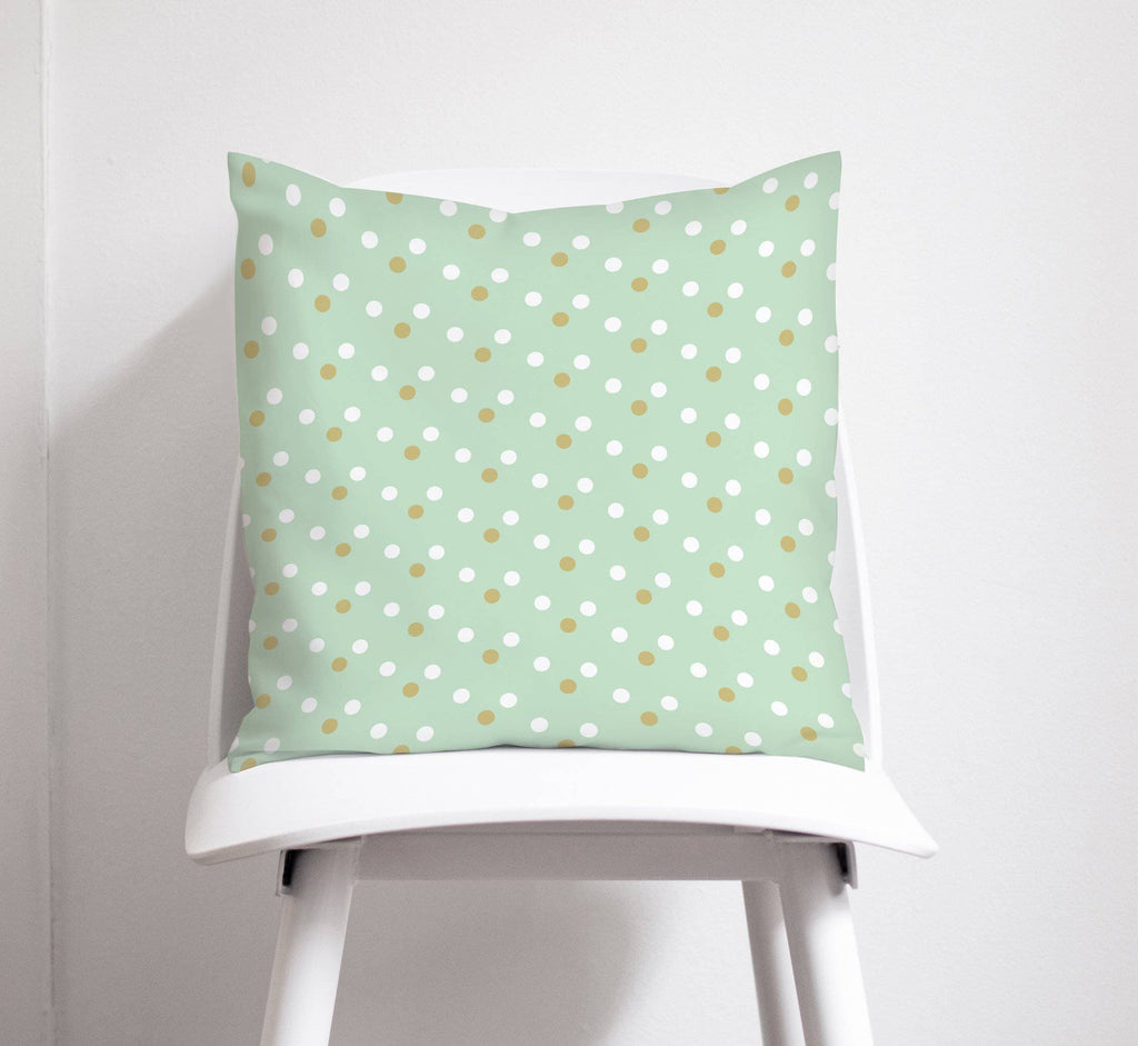 Mint Green Cushion with a Gold and White Spotted Design, Throw Pillow