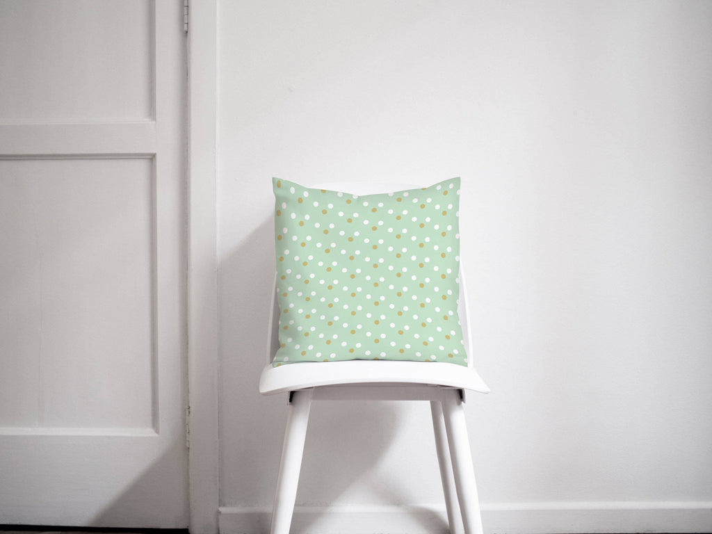 Mint Green Cushion with a Gold and White Spotted Design, Throw Pillow