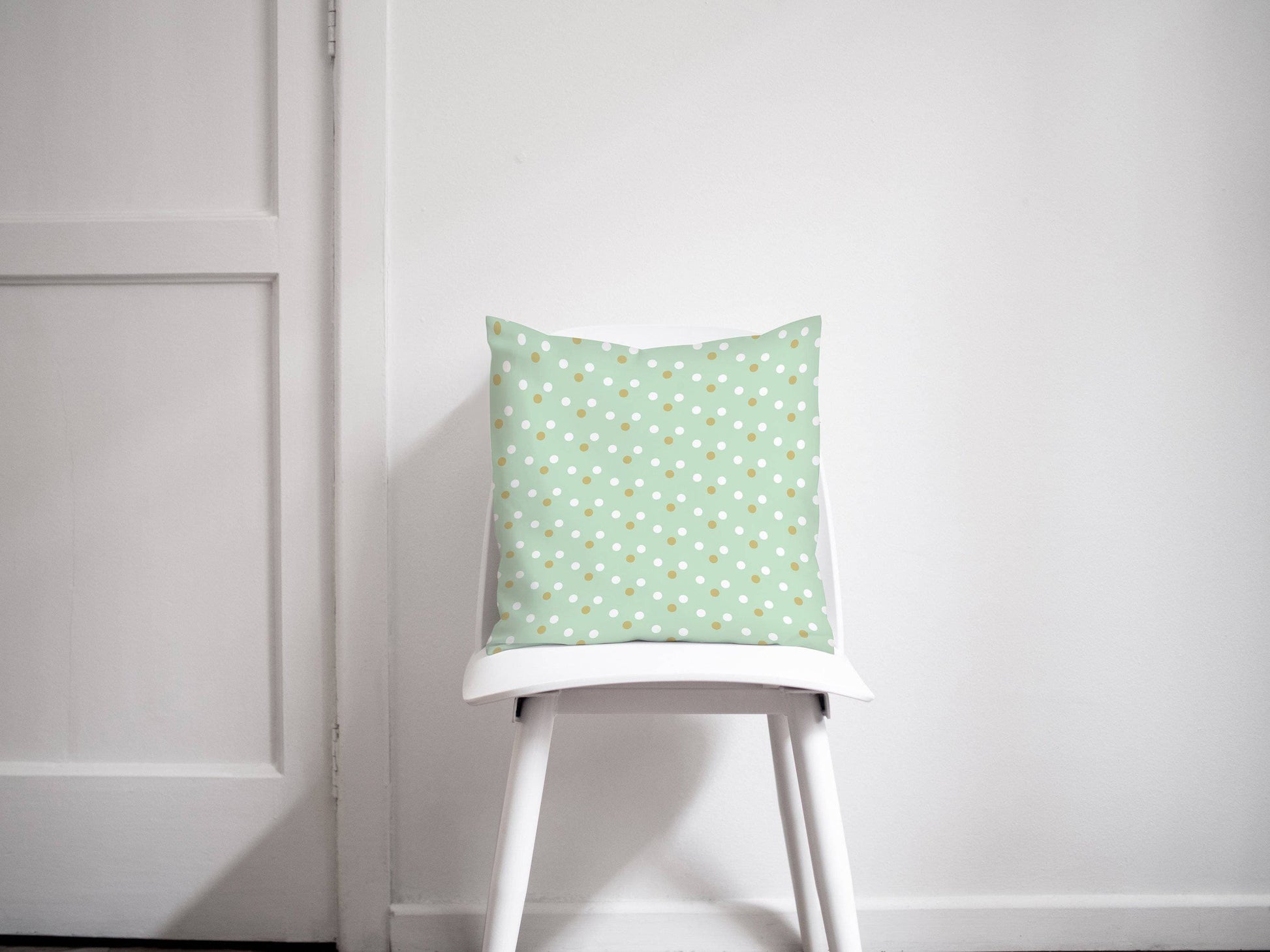Mint Green Cushion with a Gold and White Spotted Design, Throw Pillow