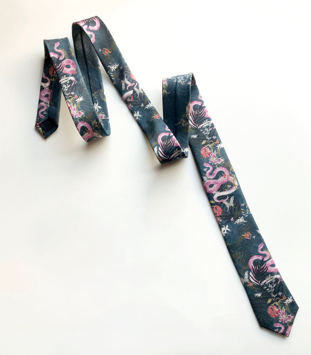 Navy Blue Silk Tie with Pink Serpent and Tropical Flower Design