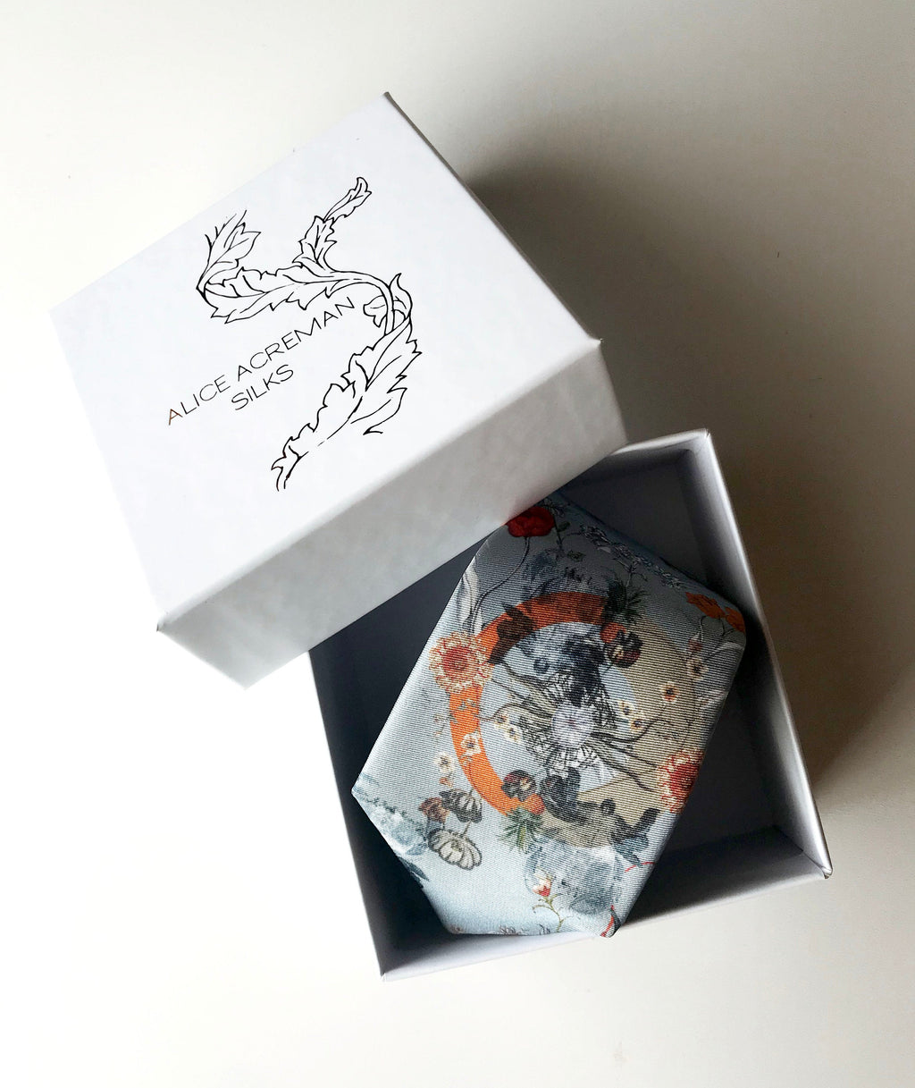Pale Blue Silk Tie with Hand Illustrated Floral and Botanical Print