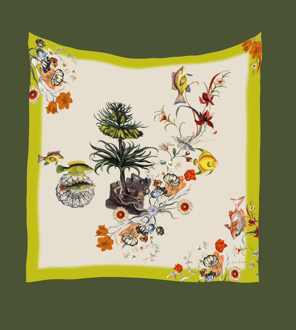 Lime Green Large Square Silk Scarf with Botanical Illustration