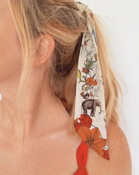 Cream Skinny Silk Scarf in Botanical Evolution Print