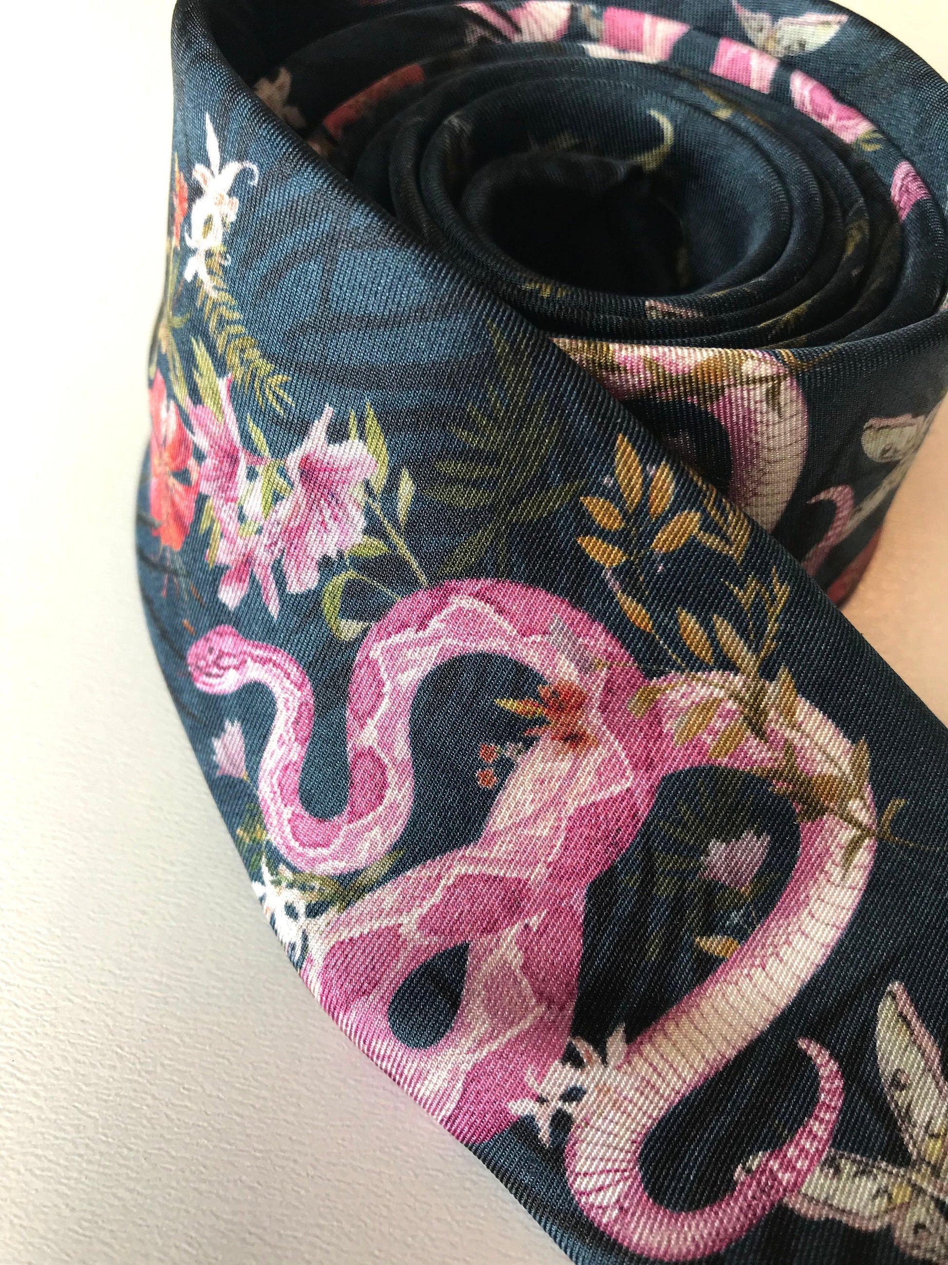 Navy Blue Silk Tie with Pink Serpent and Tropical Flower Design
