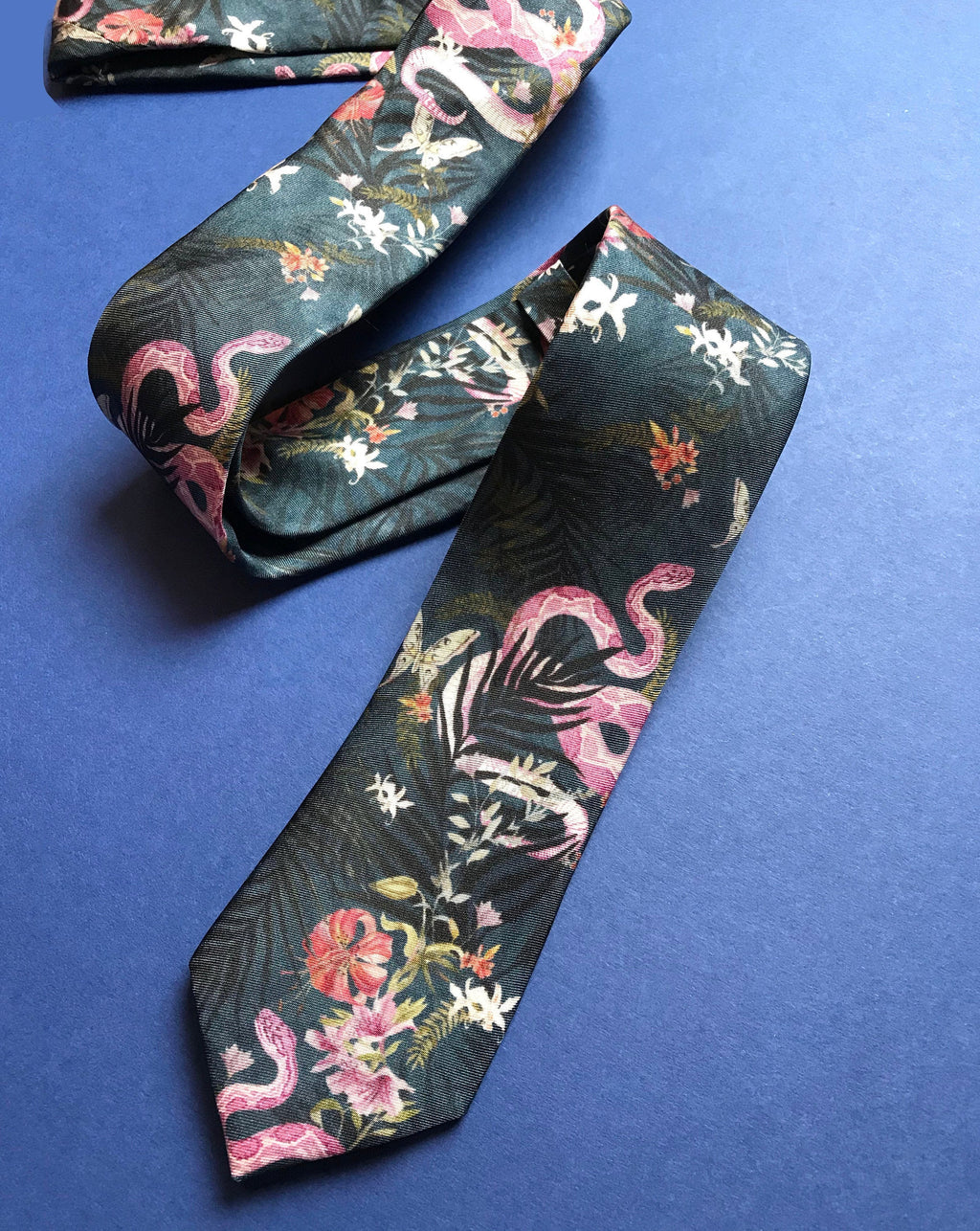Navy Blue Silk Tie with Pink Serpent and Tropical Flower Design