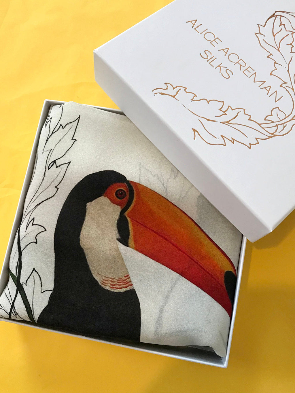 Square Silk Scarf with Orange Border Toucan