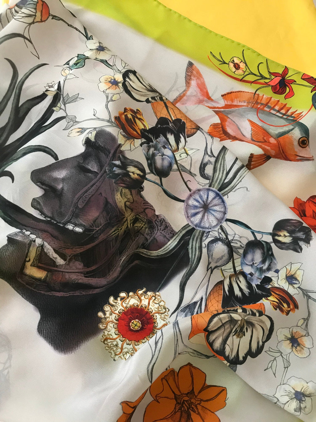 Lime Green Large Square Silk Scarf with Botanical Illustration