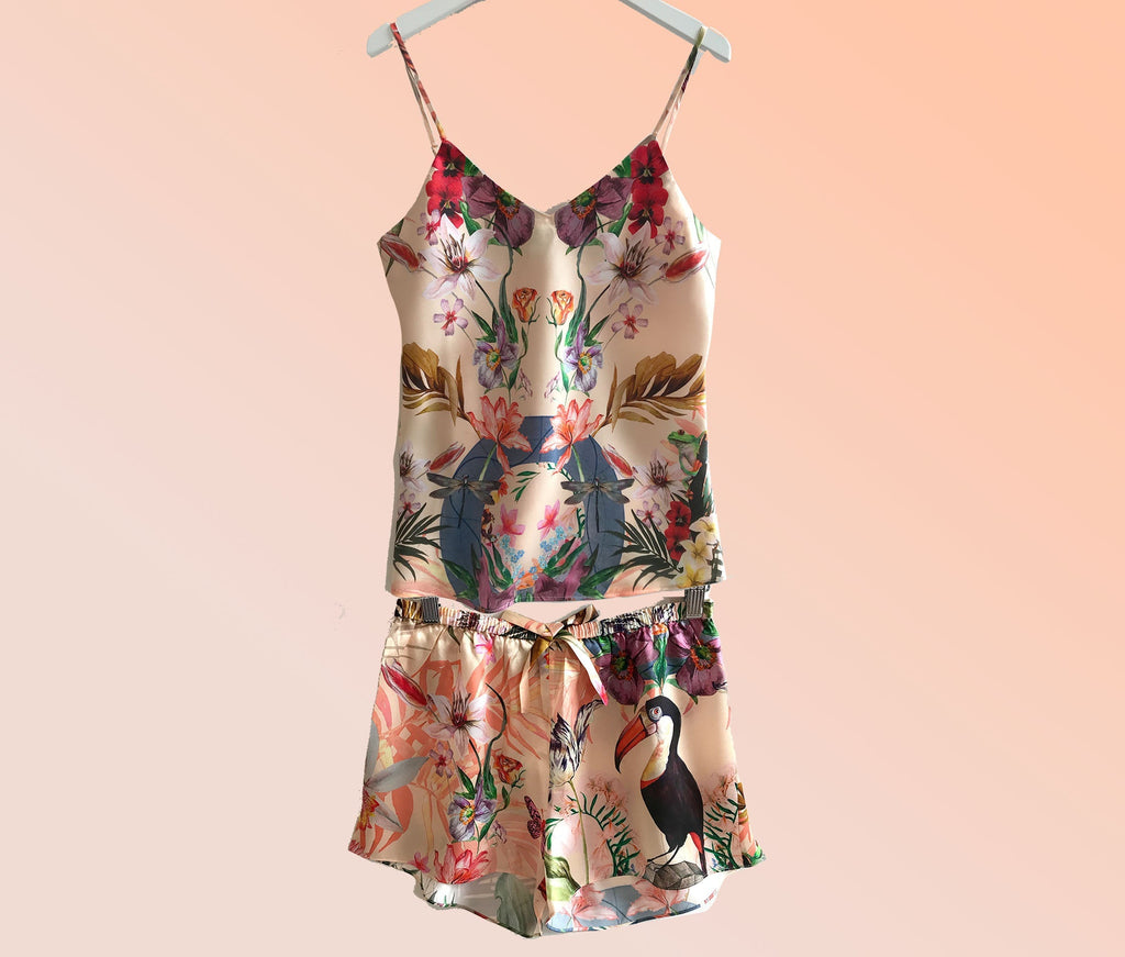 Silk Pyjama Set Cami and Shorts in Eden Tropical Meadow Print