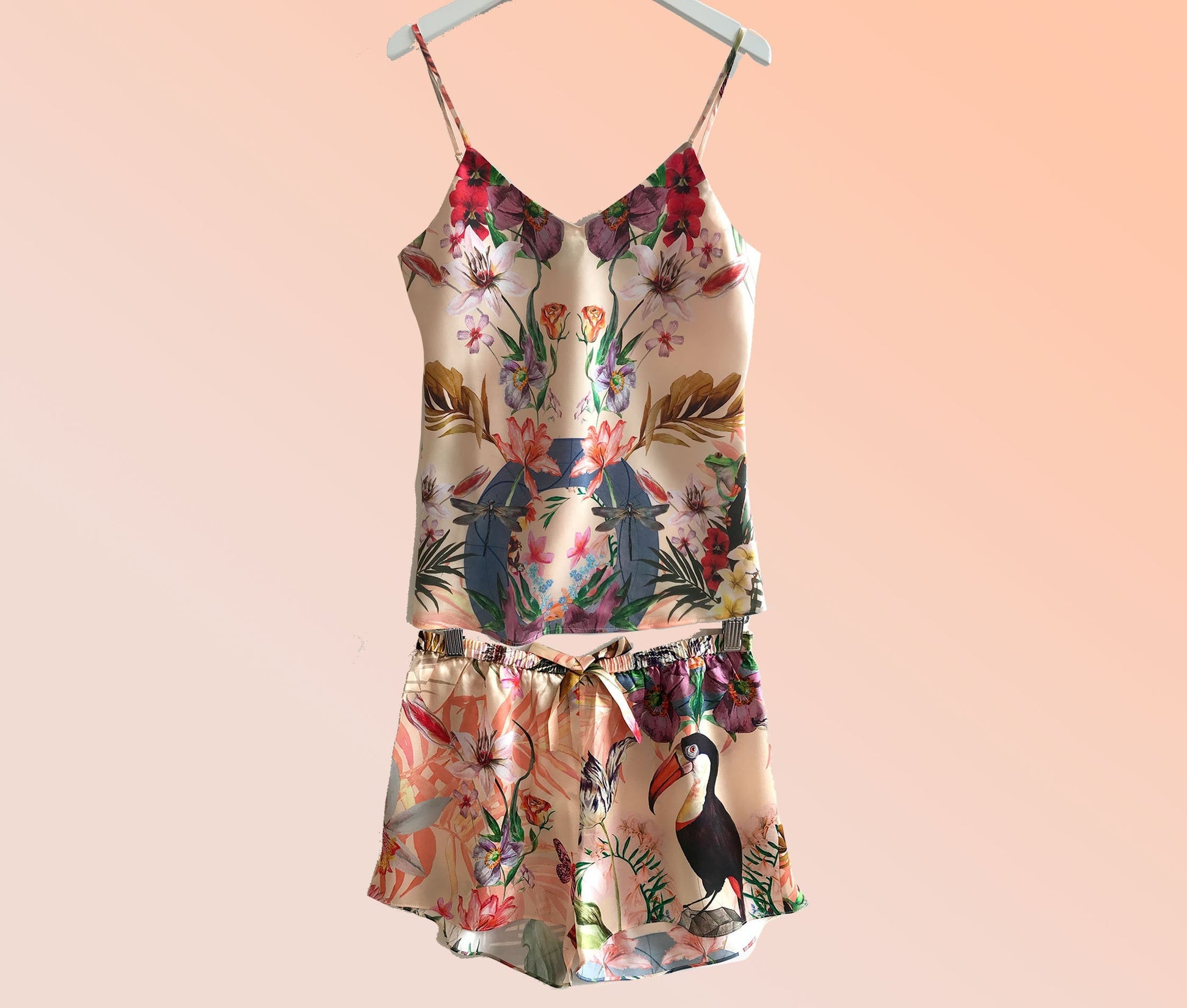 Silk Pyjama Set Cami and Shorts in Eden Tropical Meadow Print