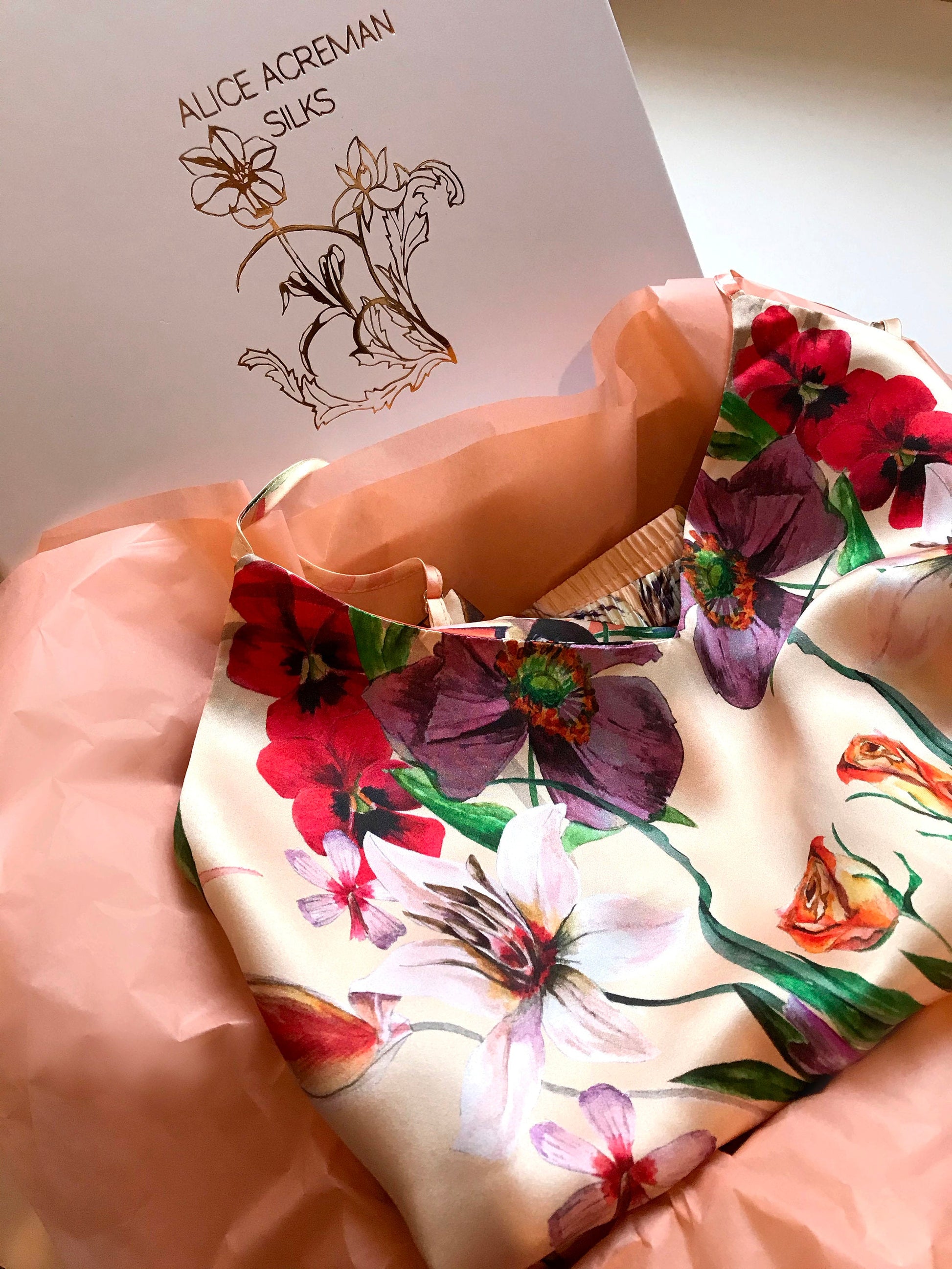 Silk Pyjama Set Cami and Shorts in Eden Tropical Meadow Print