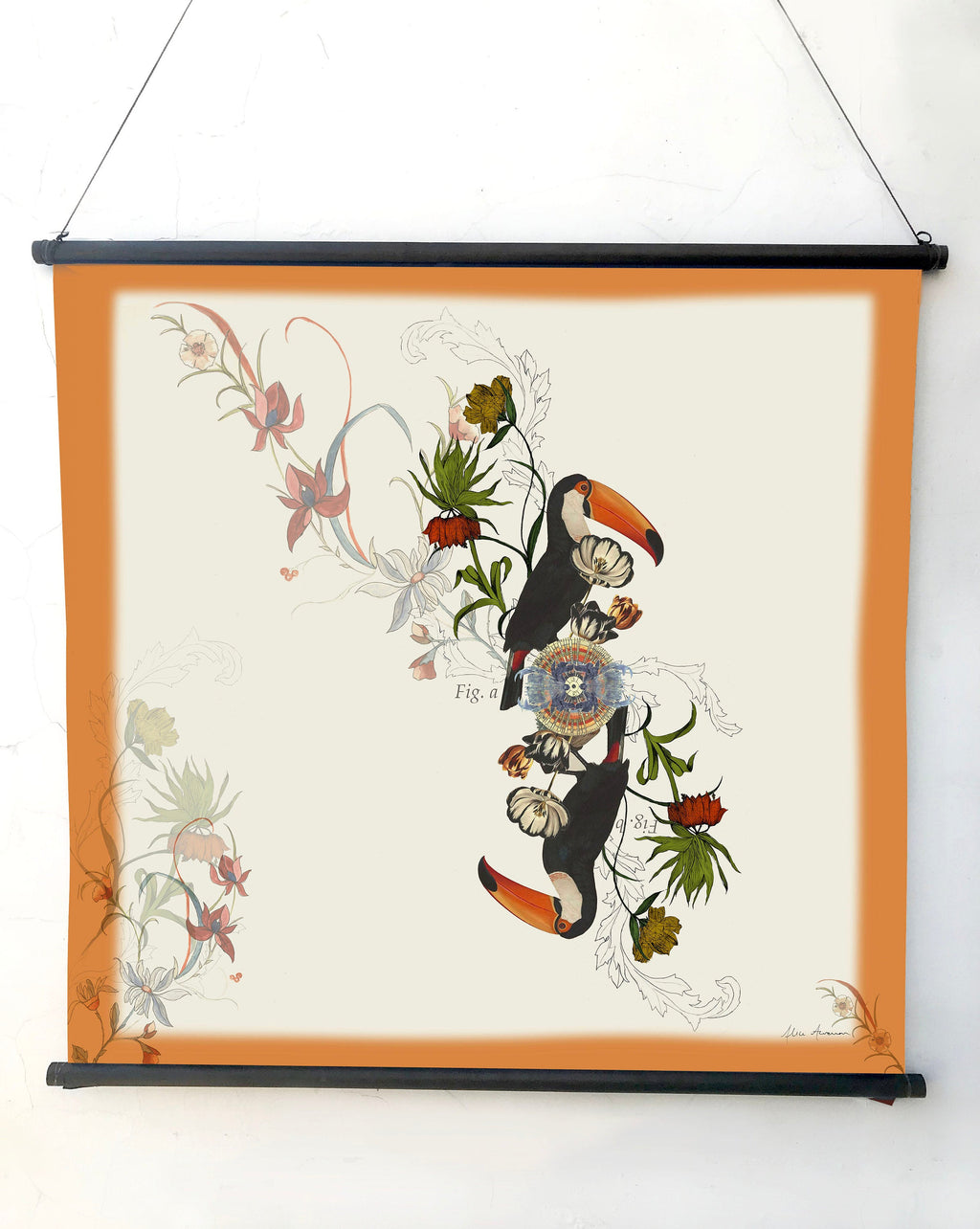Square Silk Scarf with Orange Border Toucan