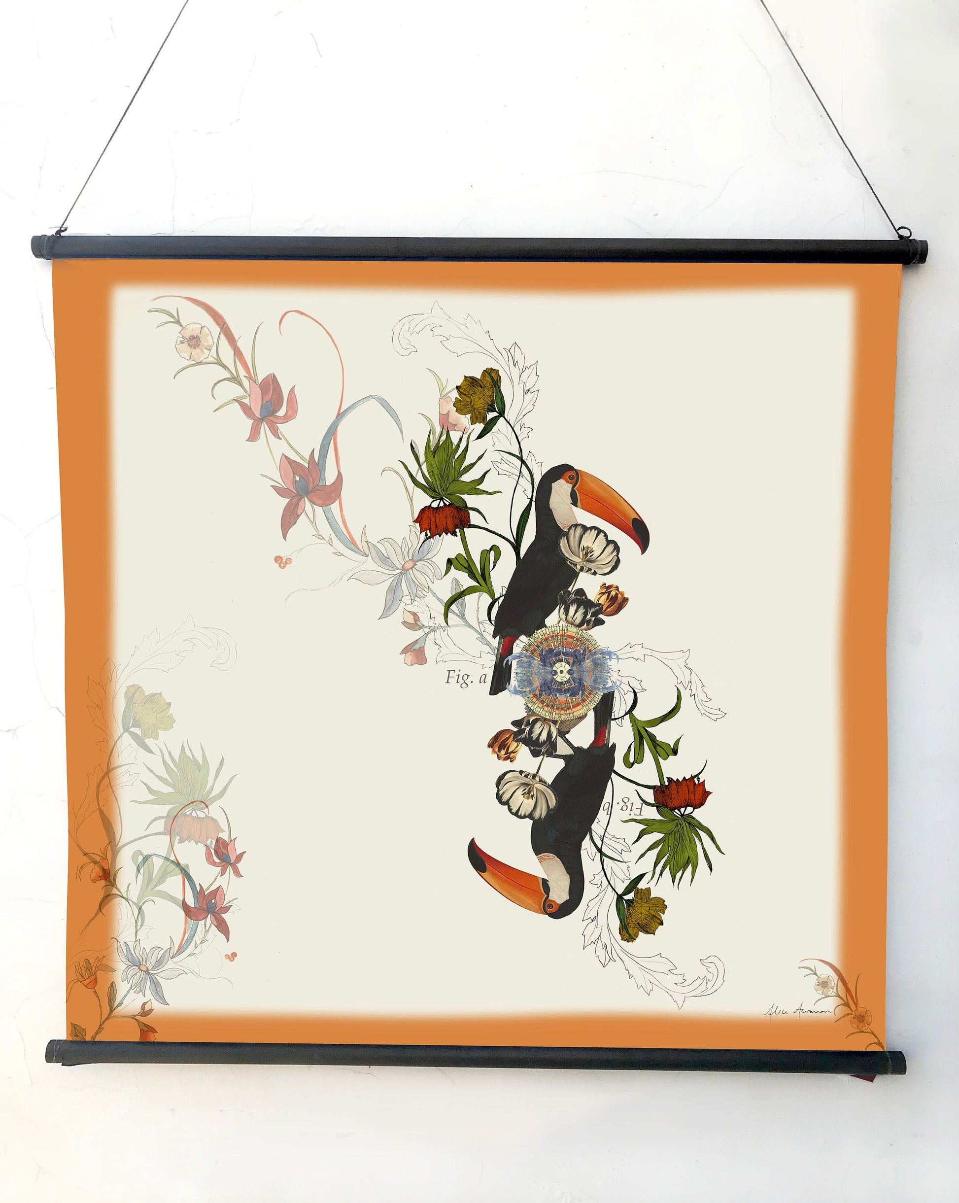 Square Silk Scarf with Orange Border Toucan