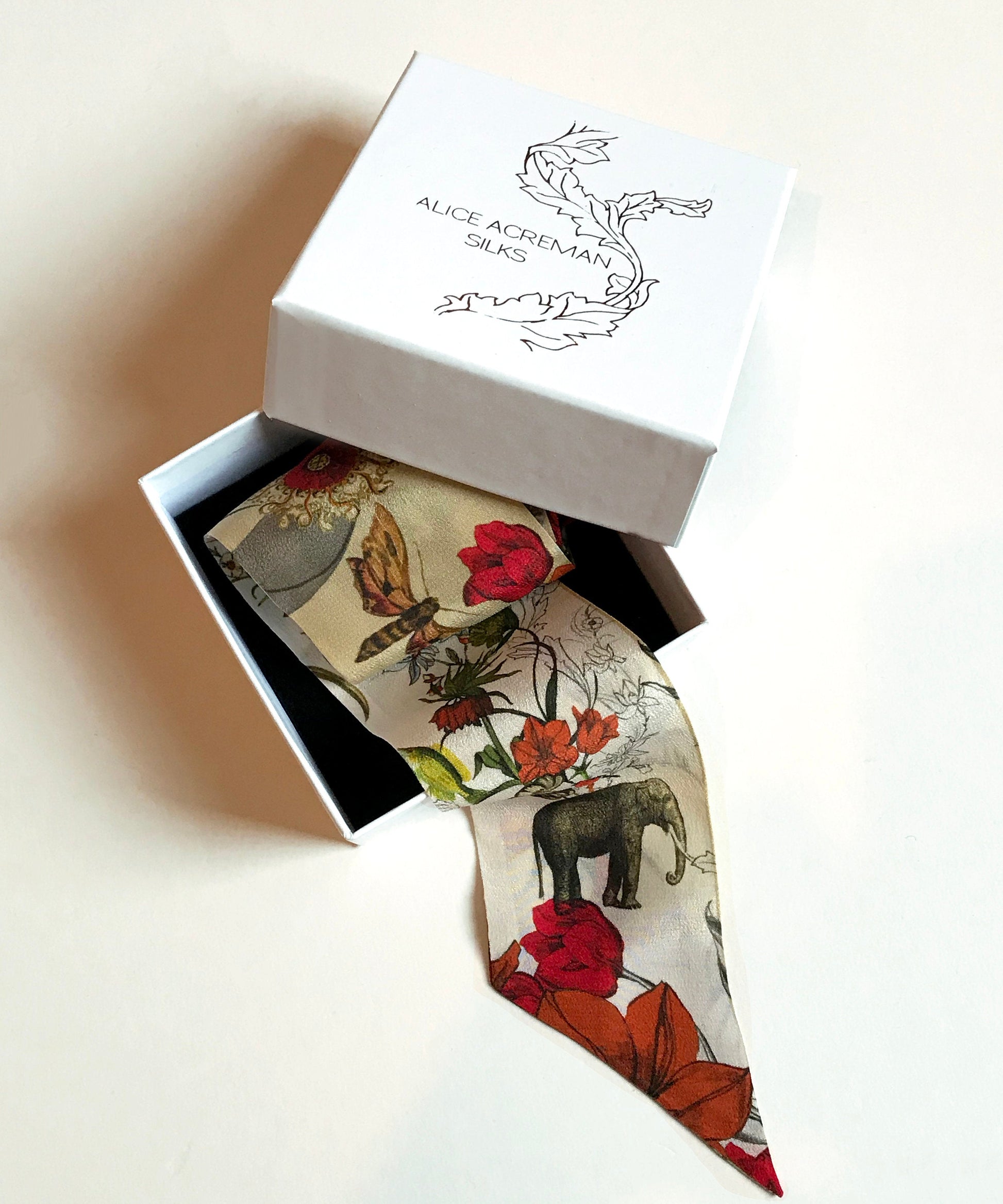 Cream Skinny Silk Scarf in Botanical Evolution Print