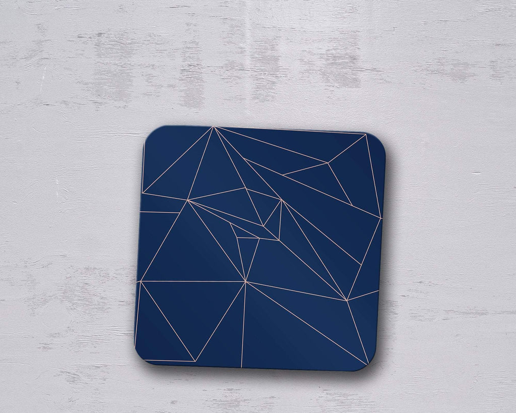 Navy Blue with Rose Gold Lines Geometric Design Coaster, Table Decor Drink Mat