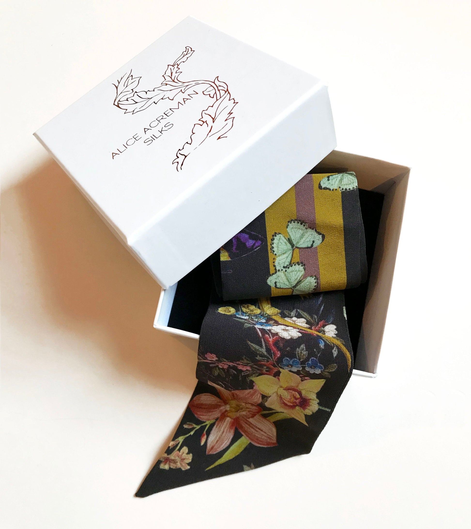 Dark Grey Skinny Silk Scarf in Botanical Cardiac Print