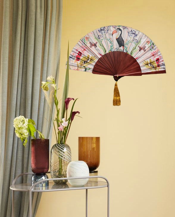 Floral Silk Fan with Toucan and Gold Tassel