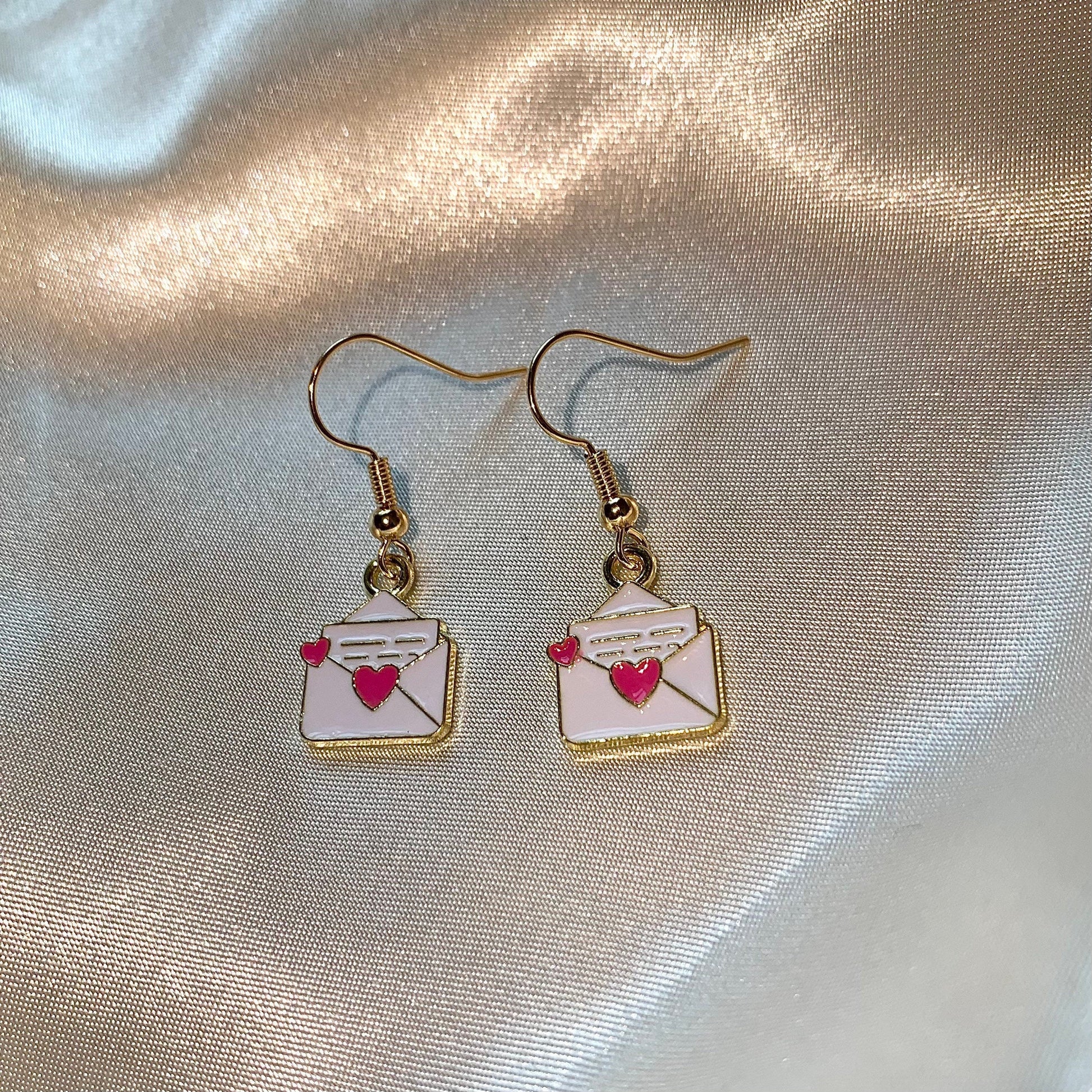 White pink heart love letter gold dangle earrings