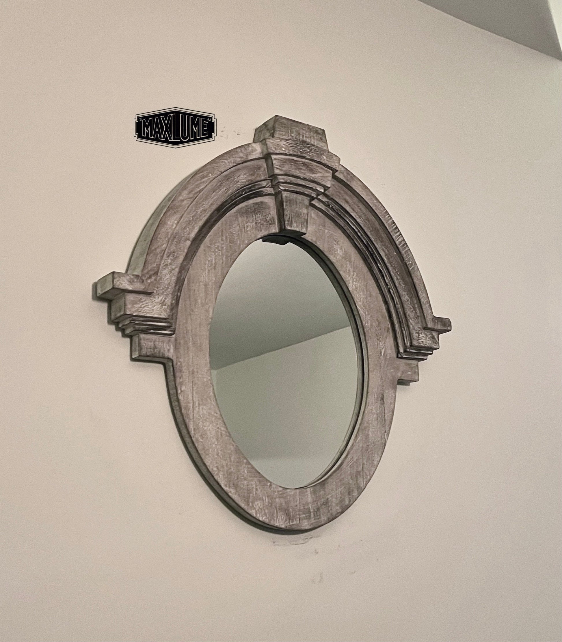 Maxlume ~ Mansard Arched Oval Mirror | Solid Wooden White Washed | Mango Wood | Gift Idea
