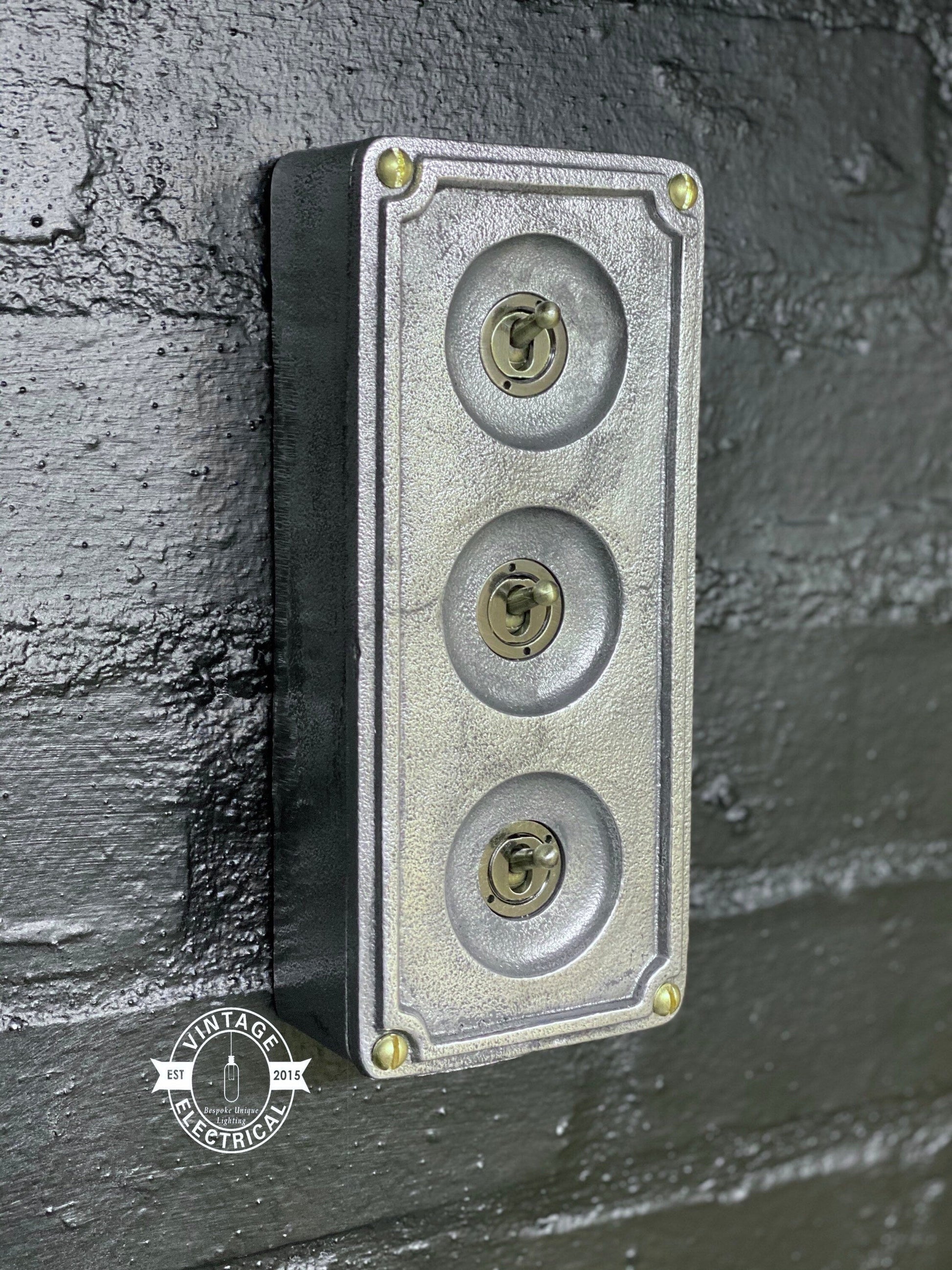3 Gang 2 Way Solid Cast Metal Surface Mounting Conduit Light Switch Industrial - BS EN Approved Vintage 1950’s Britmac Style