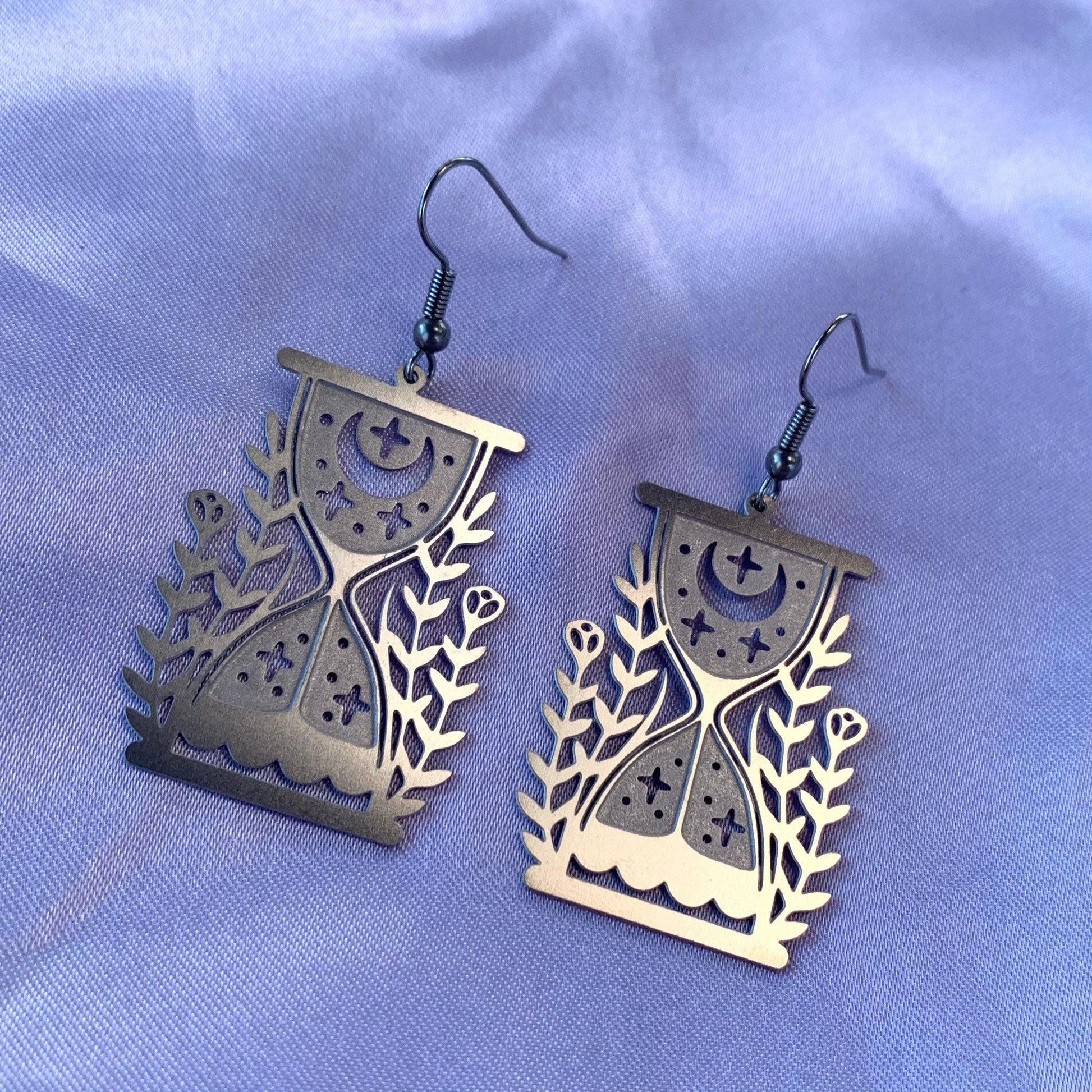 Silver stainless steel celestial floral hour glass drop dangle earrings